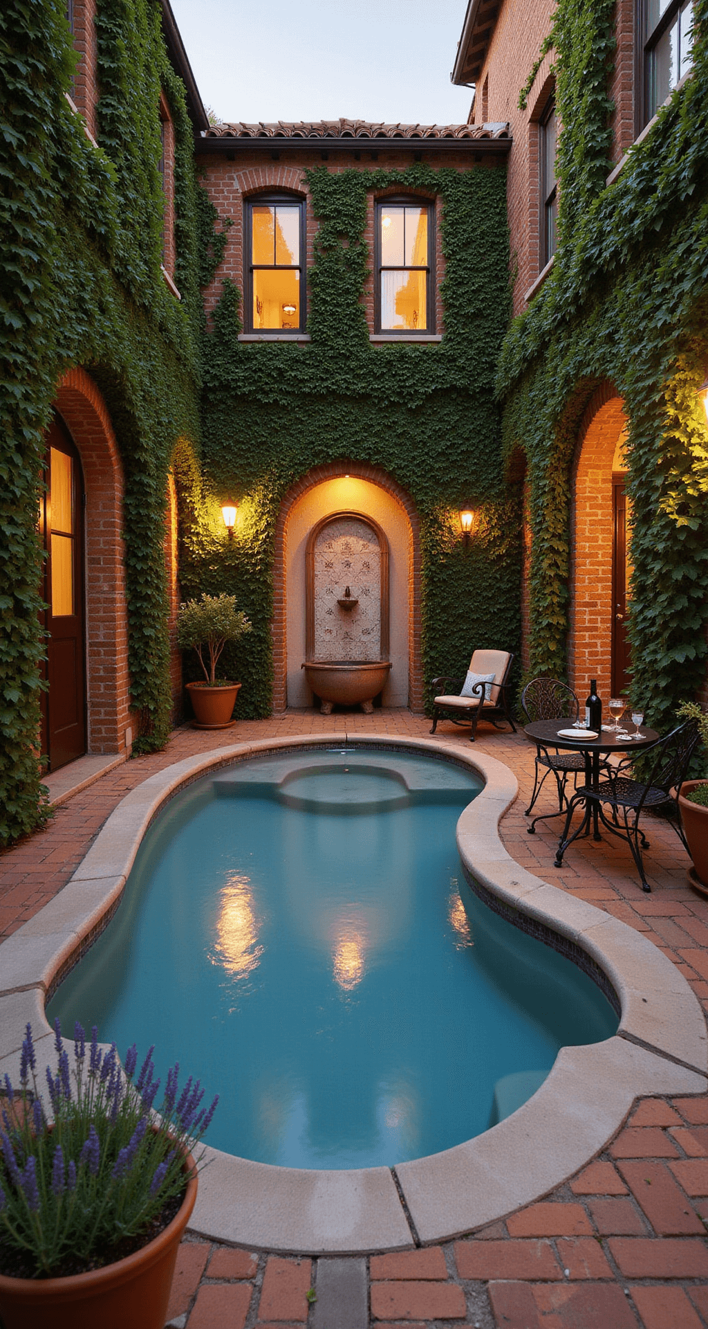 A cozy ivy-covered courtyard at golden hour, featuring a Roman mini pool, elegant curved steps, a tiled fountain backdrop, terracotta pavers, potted lavender and rosemary, a wrought iron bistro set with a bottle of wine, and soft landscape lighting, all captured from an elevated angle.