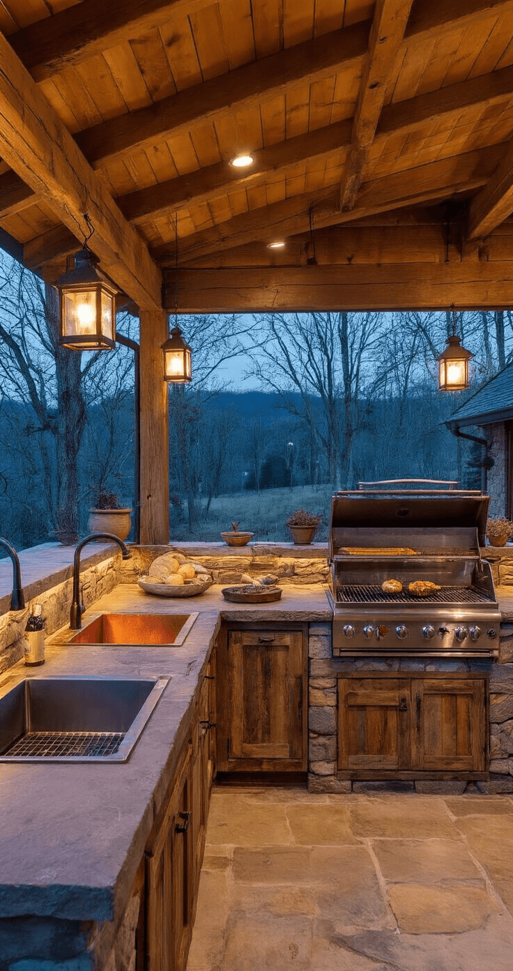 Rustic outdoor kitchen in a cozy cabin style, illuminated by vintage lanterns at dusk, featuring reclaimed barn wood cabinetry, a hammered copper sink, and stone countertops with live edge details, all surrounded by natural stone and a cast iron grill, with iron cookware and dried herbs accentuating the ambiance.