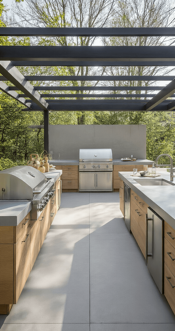 Contemporary outdoor kitchen featuring an L-shaped layout with a floating steel roof, polished concrete counters, and brushed steel refrigerator drawers, accented by white oak elements, set in morning light with bar seating for social gatherings.
