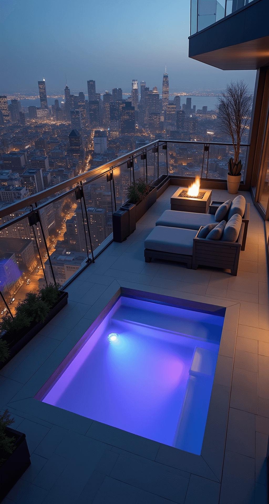 A modern penthouse balcony featuring a sleek hydromassage mini pool with LED lighting, overlooking a bustling city at twilight. The scene showcases a minimalist outdoor setup with charcoal gray furniture, a built-in fire pit, and unobstructed views through a glass balustrade, illuminated by city lights in the background.