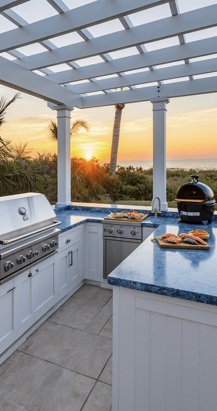 Coastal-inspired outdoor kitchen under a whitewashed pergola at sunset, featuring marine-grade stainless steel appliances, blue-grey granite countertops, and weather-resistant white cabinetry, styled with nautical accessories.