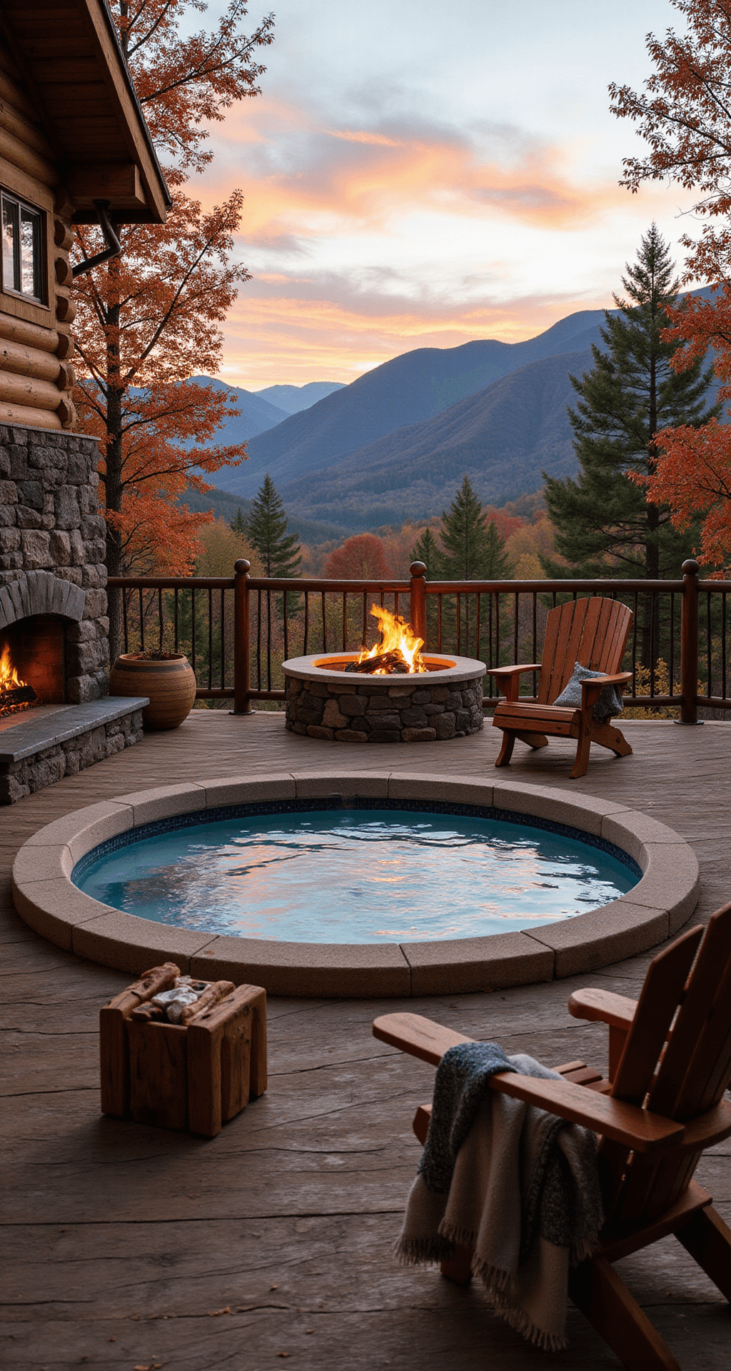 A cozy rustic mountain cabin deck features a custom wood-clad infinity mini pool, cedar hot tub, and a crackling stone fireplace, surrounded by vibrant autumn foliage in rich reds and golds, with Adirondack chairs draped in blankets, all bathed in warm golden hour light.
