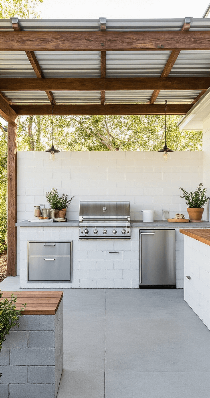Budget-friendly outdoor kitchen featuring a 14x10ft space with a corrugated metal roof. Includes modular stainless steel grill and prep station on a painted white concrete block base, with DIY wooden countertops. The image captures the full layout from standing height, showcasing smart storage solutions.