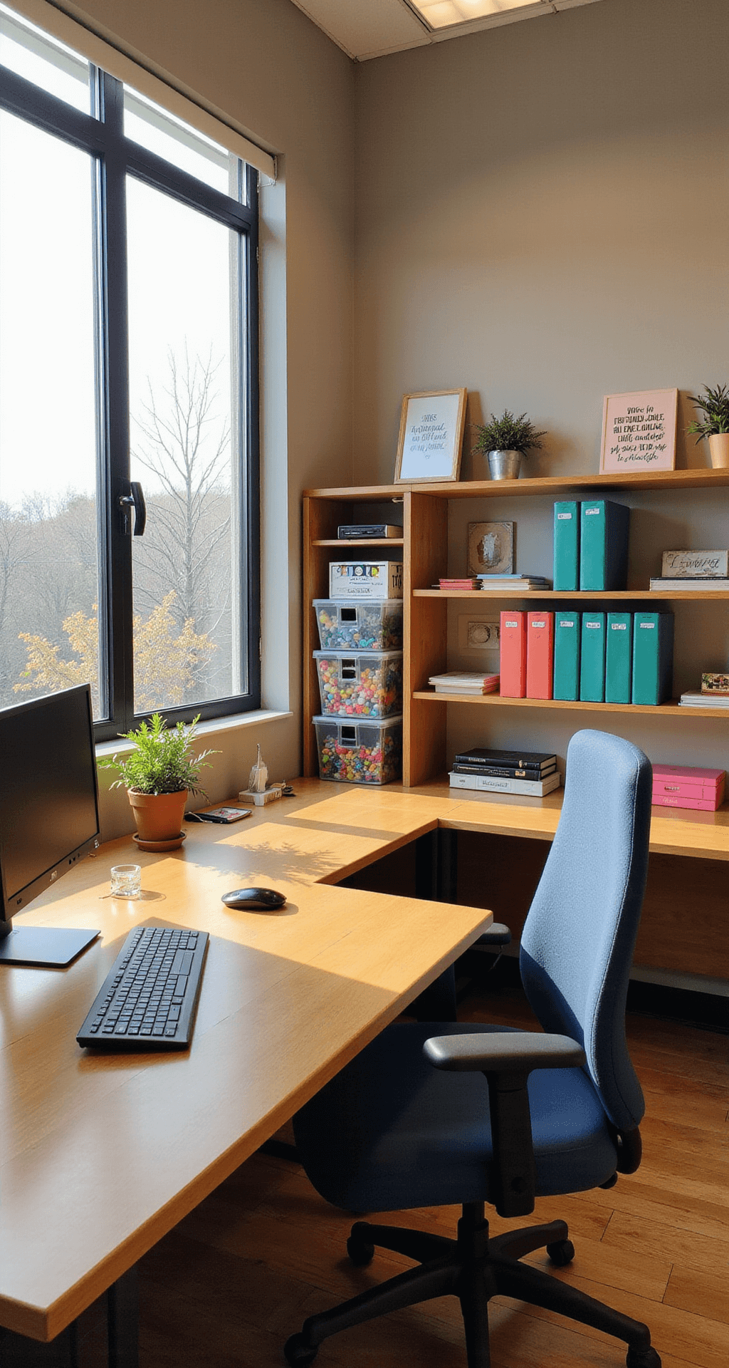 Spacious classroom with high ceilings and large windows, featuring an L-shaped wooden desk with a monitor stand, organized supplies, a succulent, and inspirational quotes above. A navy blue ergonomic chair adds comfort, while warm wood tones are accented by teal and coral desk accessories, all illuminated by soft morning light.