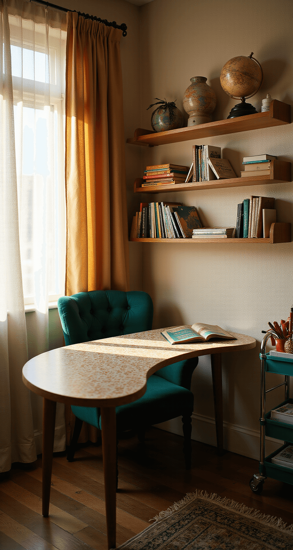 Cozy teacher's nook in a classroom corner, featuring a kidney-shaped desk with patterned contact paper, an emerald green velvet armchair, vintage globes and books on floating shelves, and a colorful supply cart, all bathed in warm late afternoon sunlight.