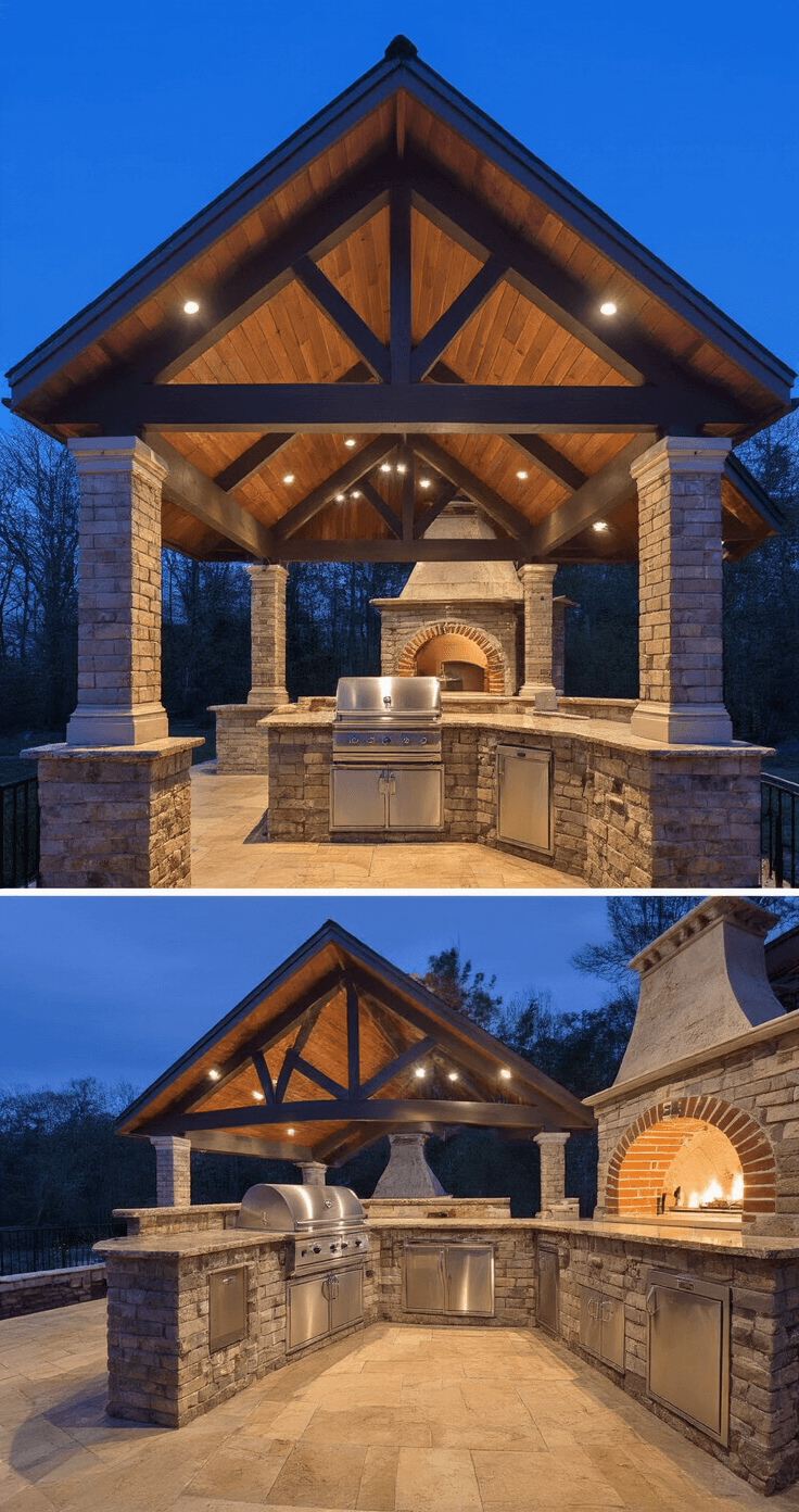 Professional outdoor kitchen at twilight featuring a 25x15ft covered pavilion with vaulted ceiling, dual grills, smoker, and brick pizza oven, highlighted with leathered granite surfaces and custom lighting for an upscale entertaining atmosphere.