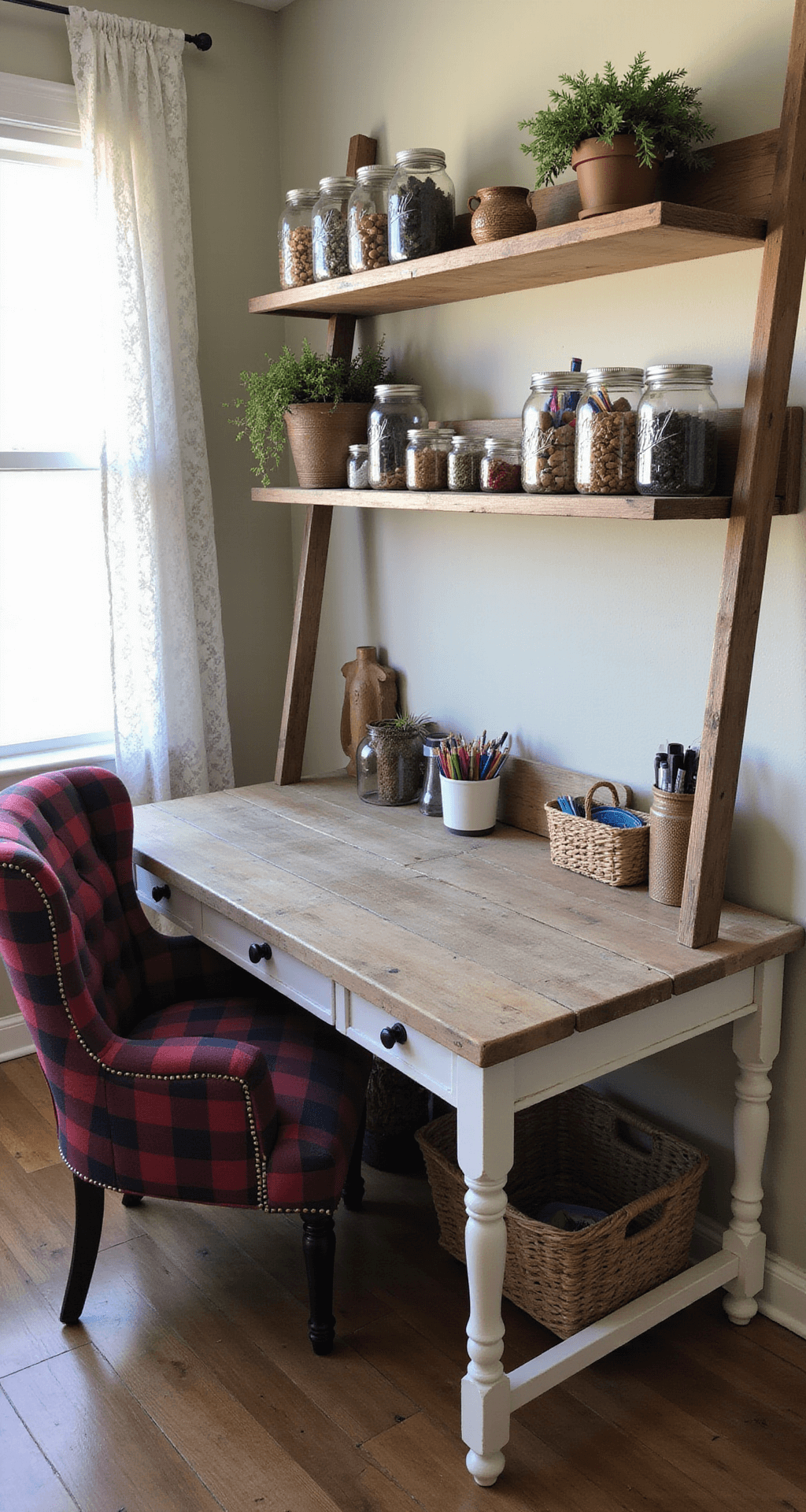 A cozy classroom featuring a rustic farmhouse desk with mason jars of supplies, a vintage ladder shelf, a wingback chair in buffalo check fabric, and warm neutral colors with burgundy and forest green accents, all illuminated by soft afternoon light.