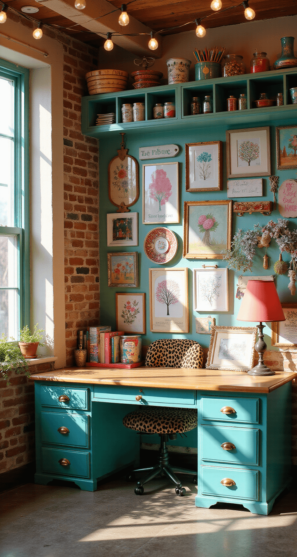 A vibrant 13x15ft classroom filled with personality, featuring a turquoise desk, leopard print chair, and a gallery wall of student artwork. The space is illuminated by mid-morning light, casting playful shadows, with open cubbies of colorful supplies and warm string lights overhead.