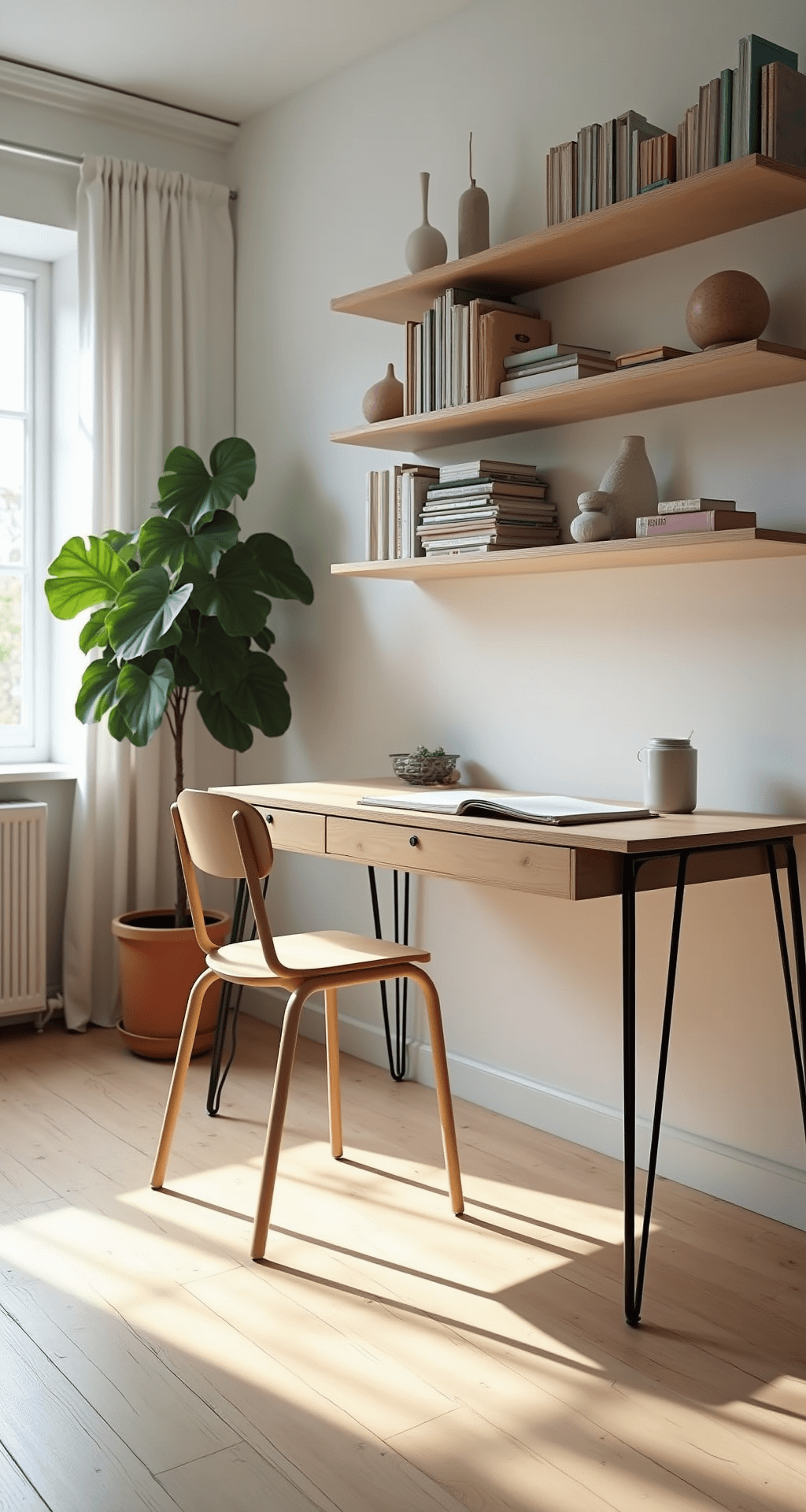 A serene Scandinavian-inspired classroom featuring a minimalist birch plywood desk with hairpin legs, a bentwood chair, floating shelves with design books and sculptural objects, and a fiddle leaf fig tree, all bathed in soft morning light on pale wood floors.