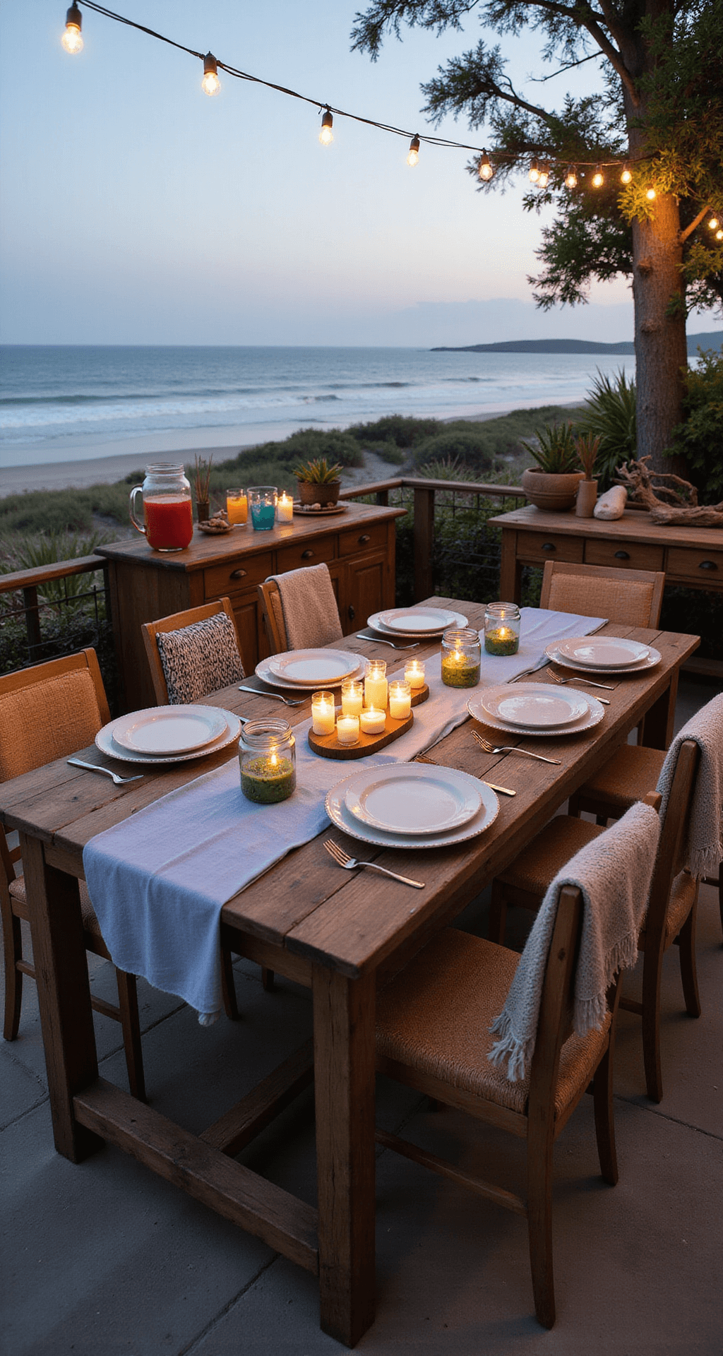 Intimate outdoor dining area on a beachfront patio at dusk, featuring a weathered wooden table set for six with a pale blue linen runner and white plates, surrounded by mismatched chairs and illuminated by mason jar tea lights and string lights, with a rustic sideboard holding sangria and colorful glasses, all against an ocean backdrop.