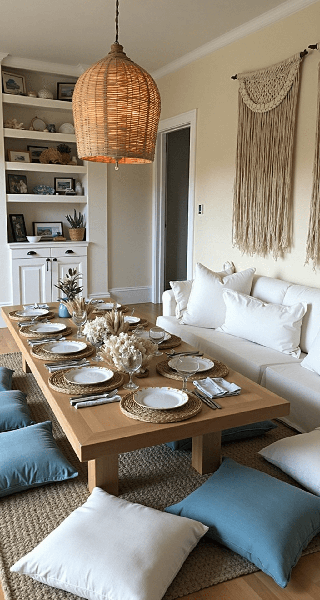 Cozy beach cottage living room set for a casual dinner party, featuring a low coffee table surrounded by blue and white floor cushions, bamboo plates, rattan placemats, and linen napkins, with warm light from a woven pendant overhead and decorated shelves displaying shells and beach photos.