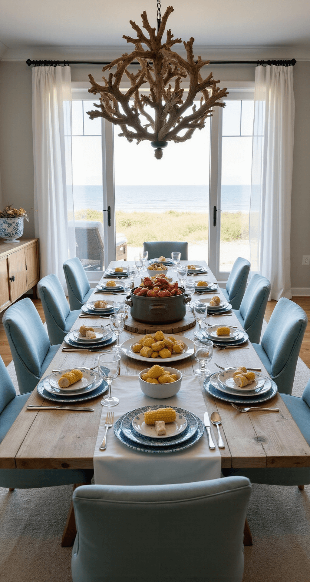 Upscale beach house dining room featuring a long reclaimed wood table set for a seafood feast, adorned with blue and white china, crystal stemware, and a rustic clam bake pot centerpiece. Soft aqua upholstered chairs surround the table, and sheer white curtains frame floor-to-ceiling windows overlooking the beach, while a driftwood chandelier casts intricate shadows. An oyster bar setup is displayed on a sideboard.