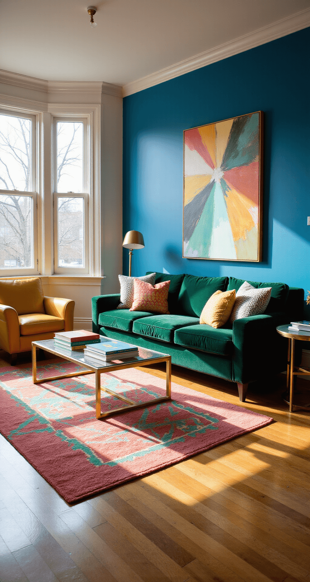 A sunlit living room featuring a sapphire blue accent wall, an emerald green velvet sofa with jewel-toned pillows, mustard yellow leather armchairs, and a geometric rug, all illuminated by late afternoon light streaming through large bay windows.