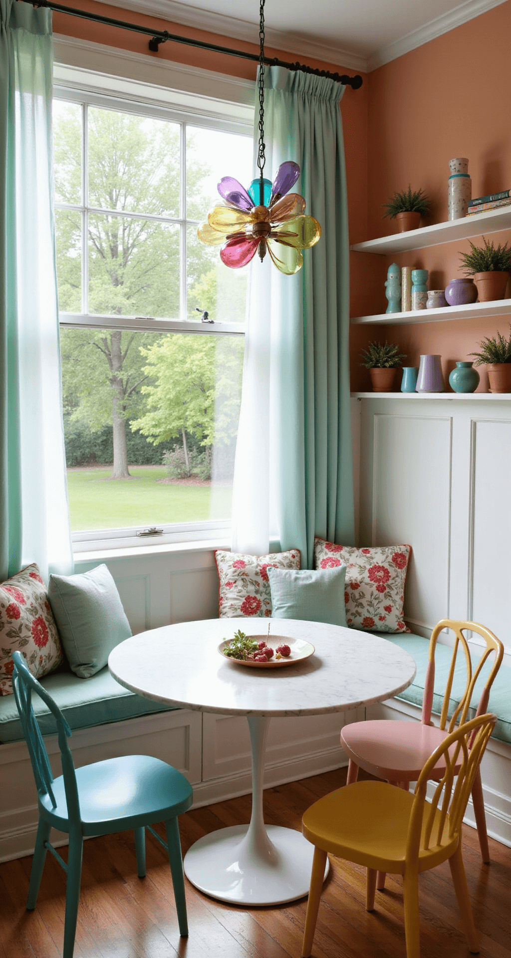 A cozy dining nook featuring a round white marble table with four mismatched chairs in teal, blush pink, sunny yellow, and lavender, bathed in soft morning light. A large picture window overlooks a lush garden, while sheer mint green curtains filter the light. The walls are warm peach with white wainscoting, and a built-in bench with floral cushions adds charm. A modern chandelier with colorful glass orbs hangs above, and shelves display pastel ceramics and potted succulents.