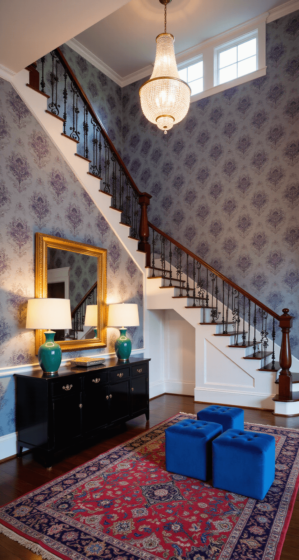 A dramatic entryway featuring a grand staircase, 12-foot ceilings, and evening light from a crystal chandelier, adorned with bold floral wallpaper in deep purples and blues, a high-gloss black console table with a gilded mirror and emerald green lamps, a Persian rug in jewel tones, and velvet royal blue ottomans. Camera angle from the base of the stairs showcases the grandeur and rich textures.