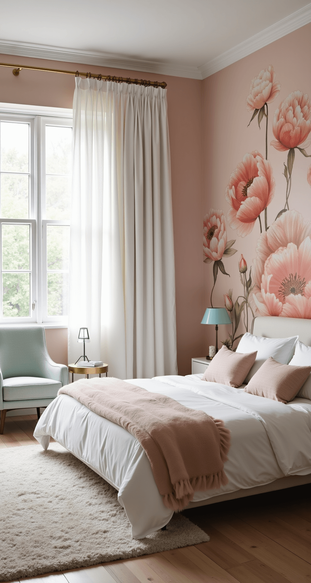 A serene bedroom with blush pink walls and a watercolor peony accent wall, featuring a king-size bed with white linens and textured pillows, brass bedside tables with geometric lamps, a plush cream and gray area rug, and a pale mint green reading nook by the window, all bathed in soft morning light through sheer white curtains.