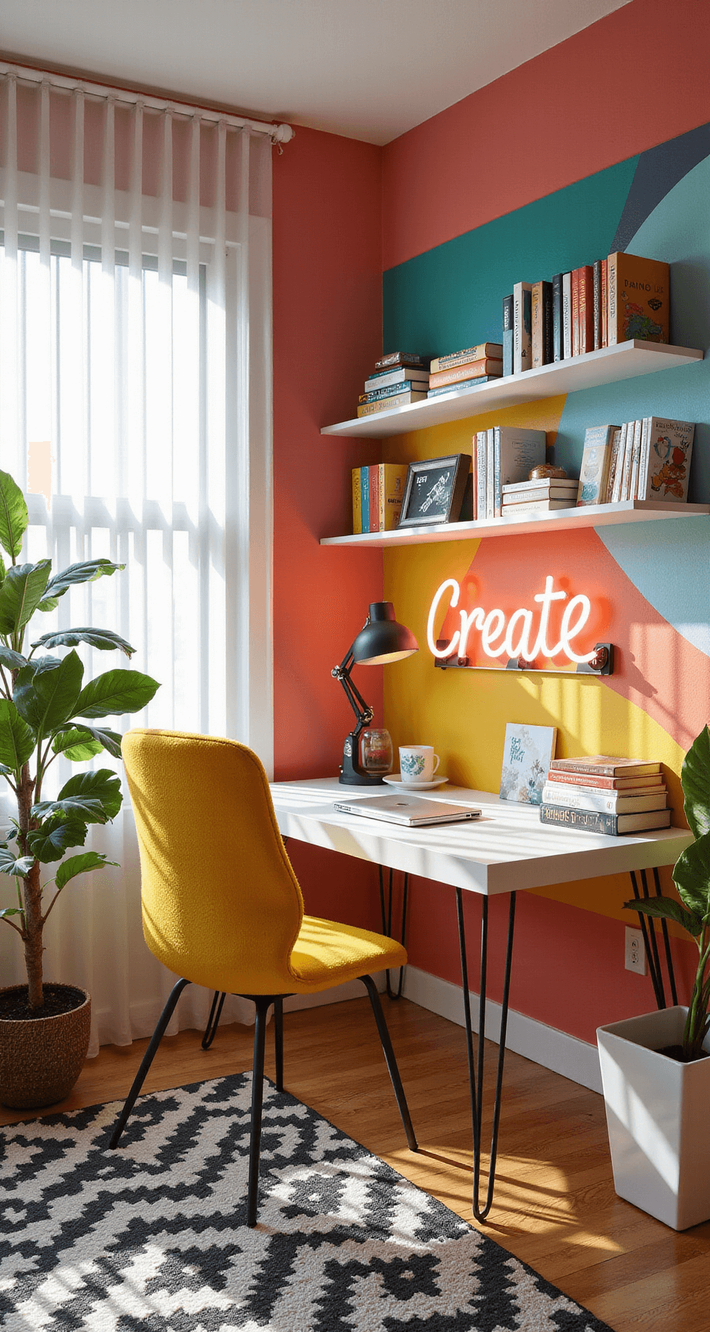 A vibrant home office featuring coral walls and a large abstract mural, with sunlight casting dynamic shadows through vertical blinds, a sleek white desk, bright yellow ergonomic chair, colorful floating shelves, a fiddle leaf fig tree, and a neon sign that reads 'Create', all captured from a diagonal angle.