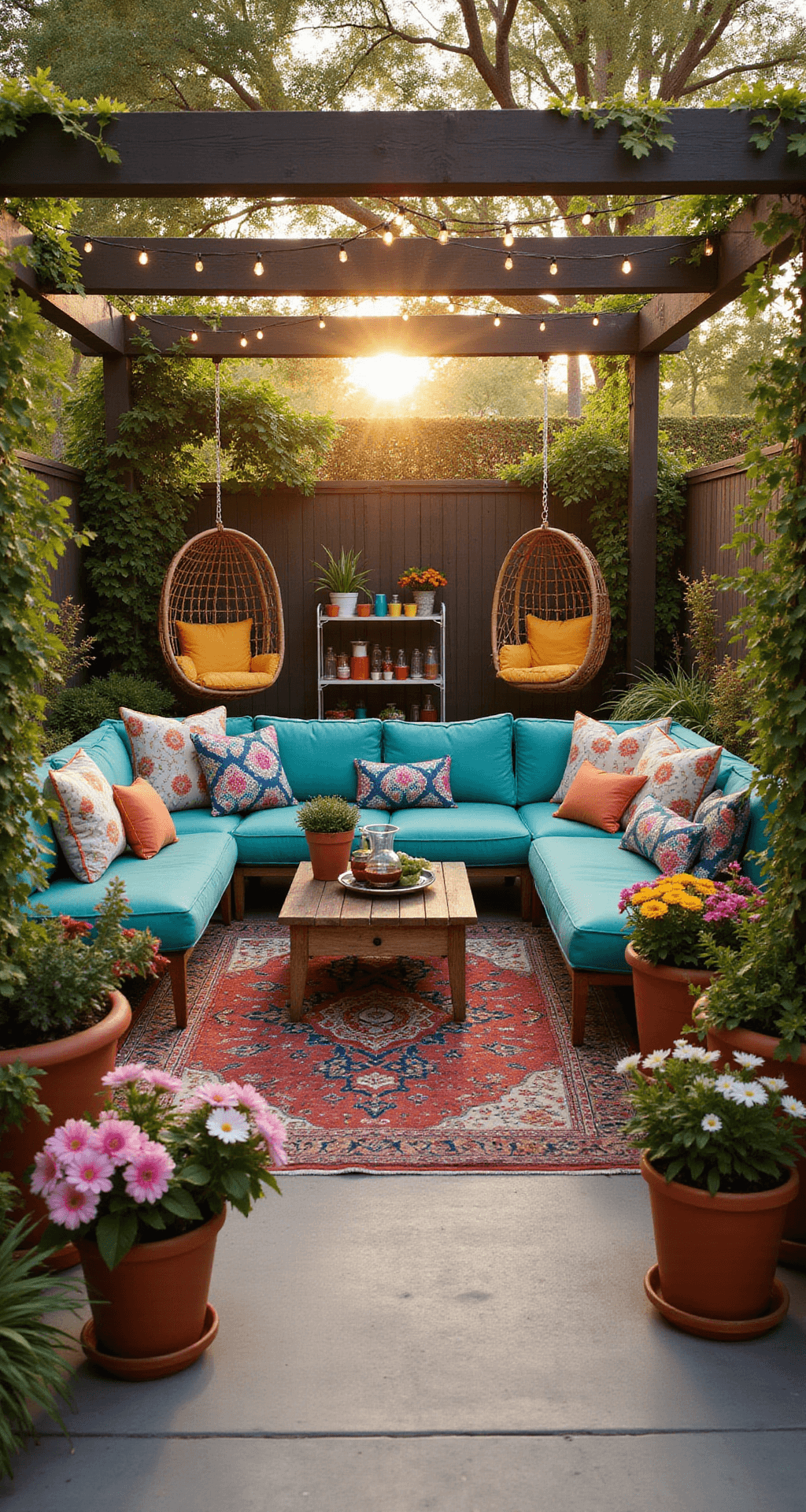 Eclectic outdoor patio featuring a turquoise L-shaped sectional with tropical pillows, rustic wooden coffee table with succulents, yellow rattan egg chairs, terracotta planters with colorful flowers, Moroccan-inspired rug, and a bar cart with sangria, all illuminated by twinkling string lights at golden hour.