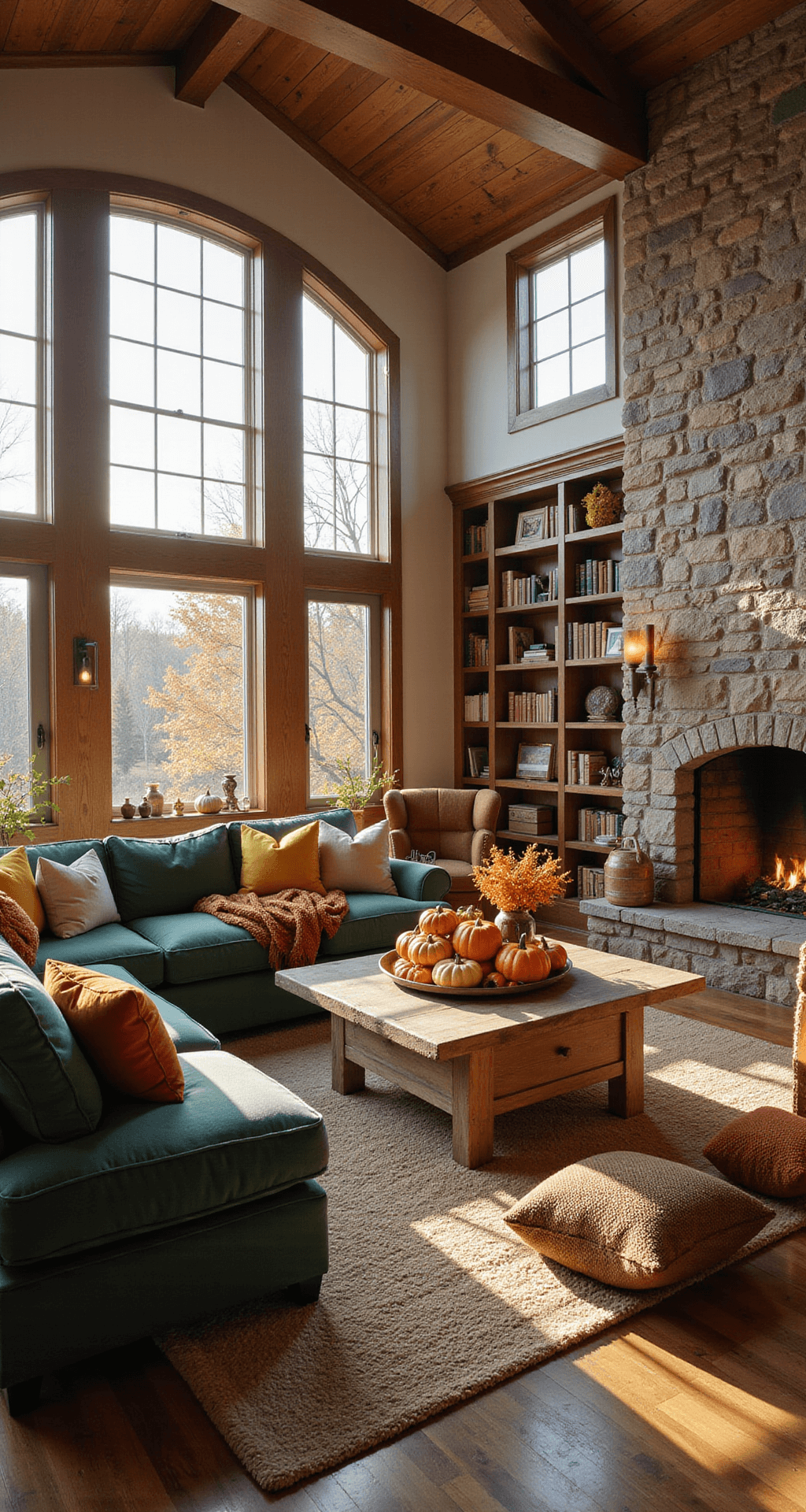 A cozy living room featuring vaulted ceilings and exposed wooden beams, with golden afternoon light streaming through bay windows. The space includes a deep forest green sectional sofa adorned with textured pillows, a weathered wooden coffee table with a fall arrangement, and a stone fireplace surrounded by bookshelves. Warm knit blankets drape over armchairs, and a muted earth-toned area rug completes the autumnal ambiance.