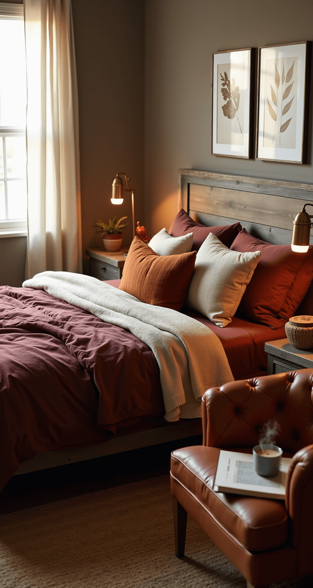 A cozy bedroom with a queen-sized bed adorned in deep burgundy and textured pillows, bathed in soft morning light. Features include a rustic wooden headboard, vintage brass lamps, a leather reading nook, and warm taupe walls with framed art. A woven jute rug adds texture to the inviting atmosphere.