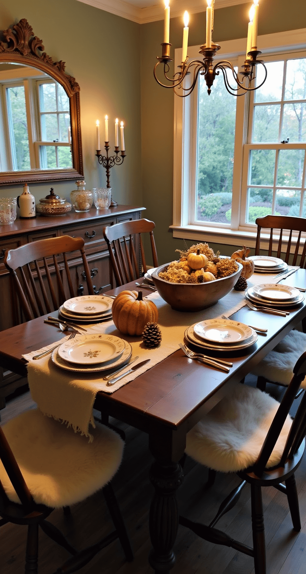 A cozy dining room with wainscoting and a large picture window showcasing autumn foliage, featuring a rustic farmhouse table set with vintage china, a wooden dough bowl centerpiece of heirloom pumpkins, and Windsor chairs with faux fur cushions, accented by a sideboard of copper and crystal decor under warm candlelight, all against soft sage green walls.