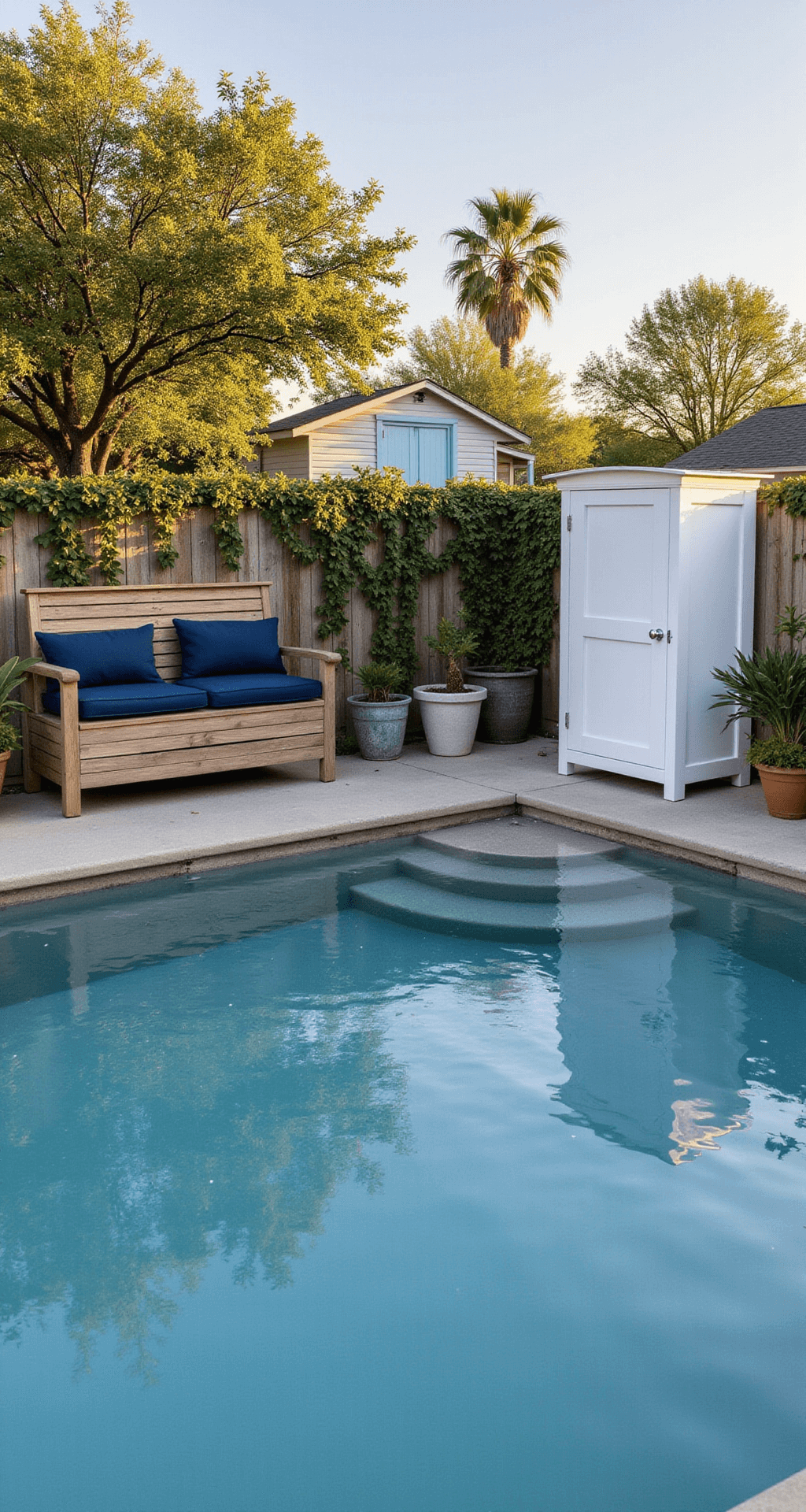 A spacious backyard pool area at golden hour, featuring a sleek white privacy stall, a weathered teak storage bench with navy cushions, crystal-clear water reflecting warm light, potted plants, and a pale blue garden shed behind palm trees, all captured from a ground-level perspective.