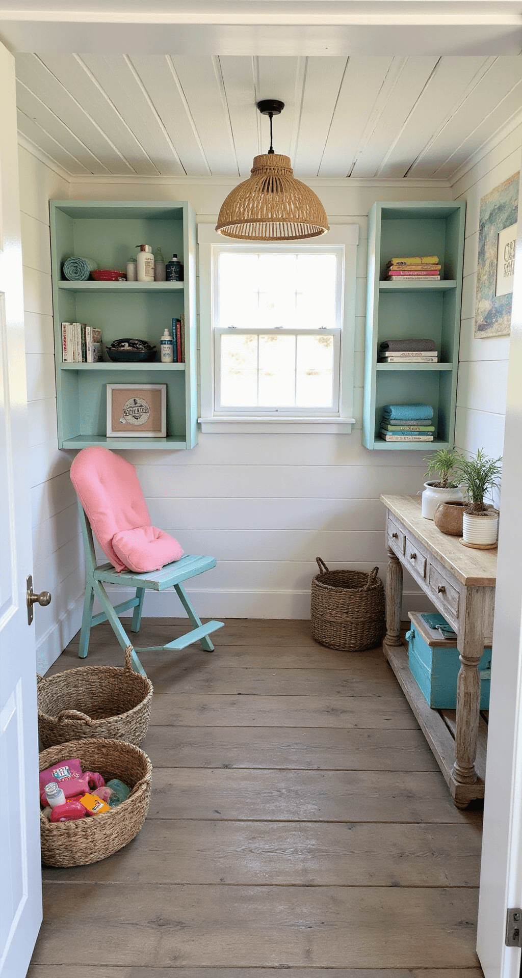 Interior of a chic pool house converted from a garden shed, featuring white shiplap walls, seafoam green shelving with colorful towels, a vintage lifeguard chair for storage, woven baskets with pool floats, and a console table with sunscreen, all illuminated by afternoon sunlight.