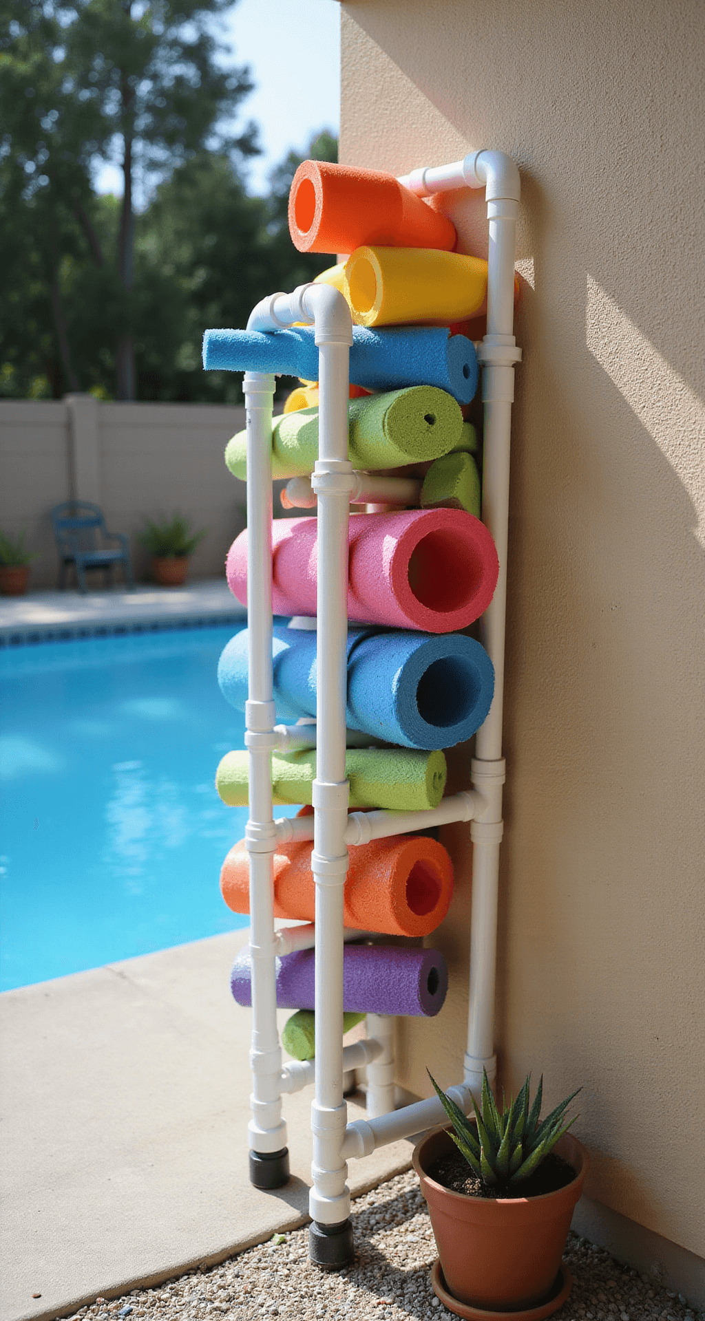 Close-up of a custom PVC pipe storage rack against a stucco wall, showcasing colorful pool noodles, foam floats, and nets, with a vibrant blue pool blurred in the background and small potted succulents at the base.