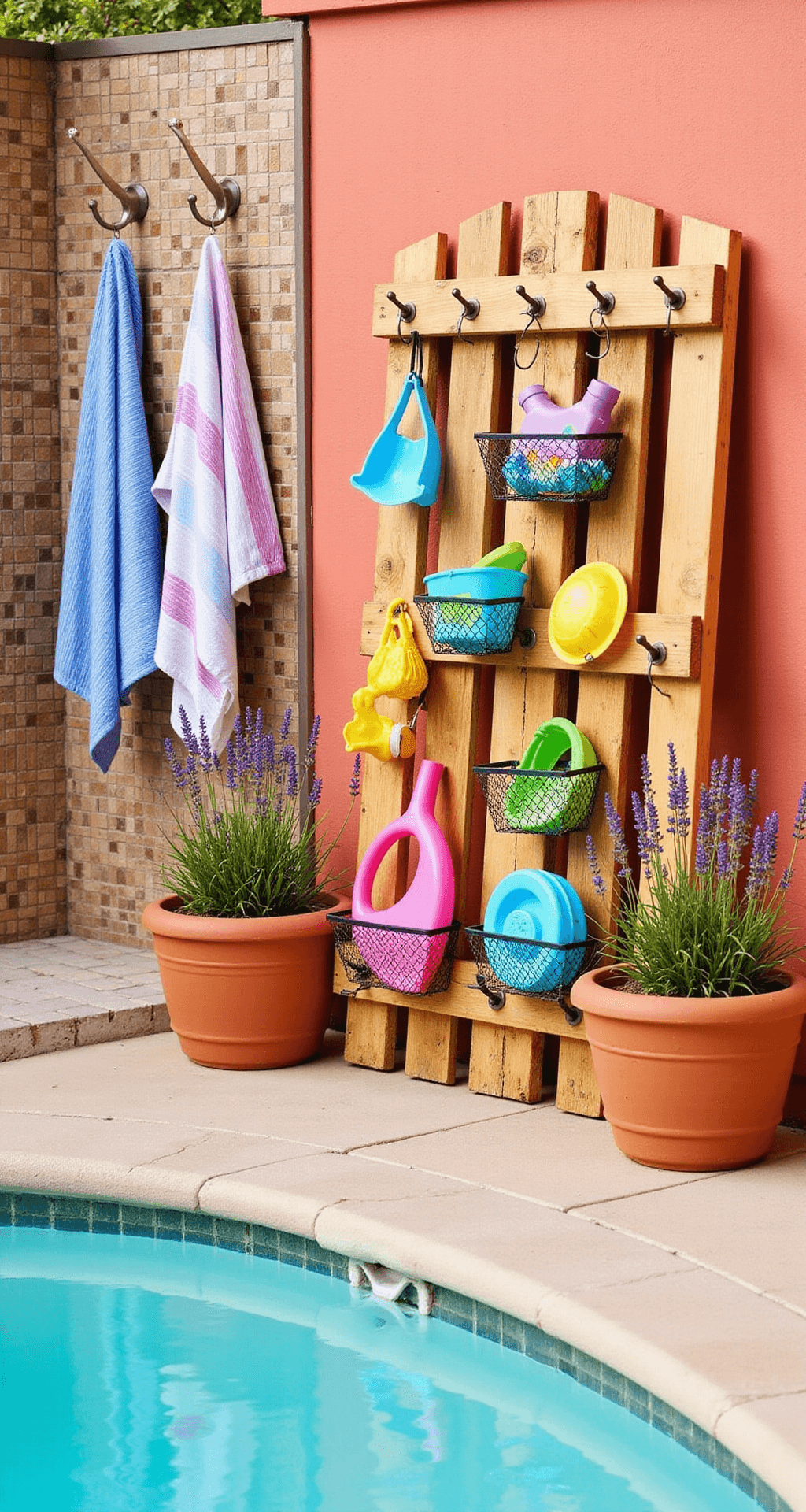 Poolside patio with a coral stucco wall, featuring a repurposed wooden pallet holding pool toys, an outdoor shower with beach towels, and lavender plants in terracotta pots, all beside a turquoise pool.