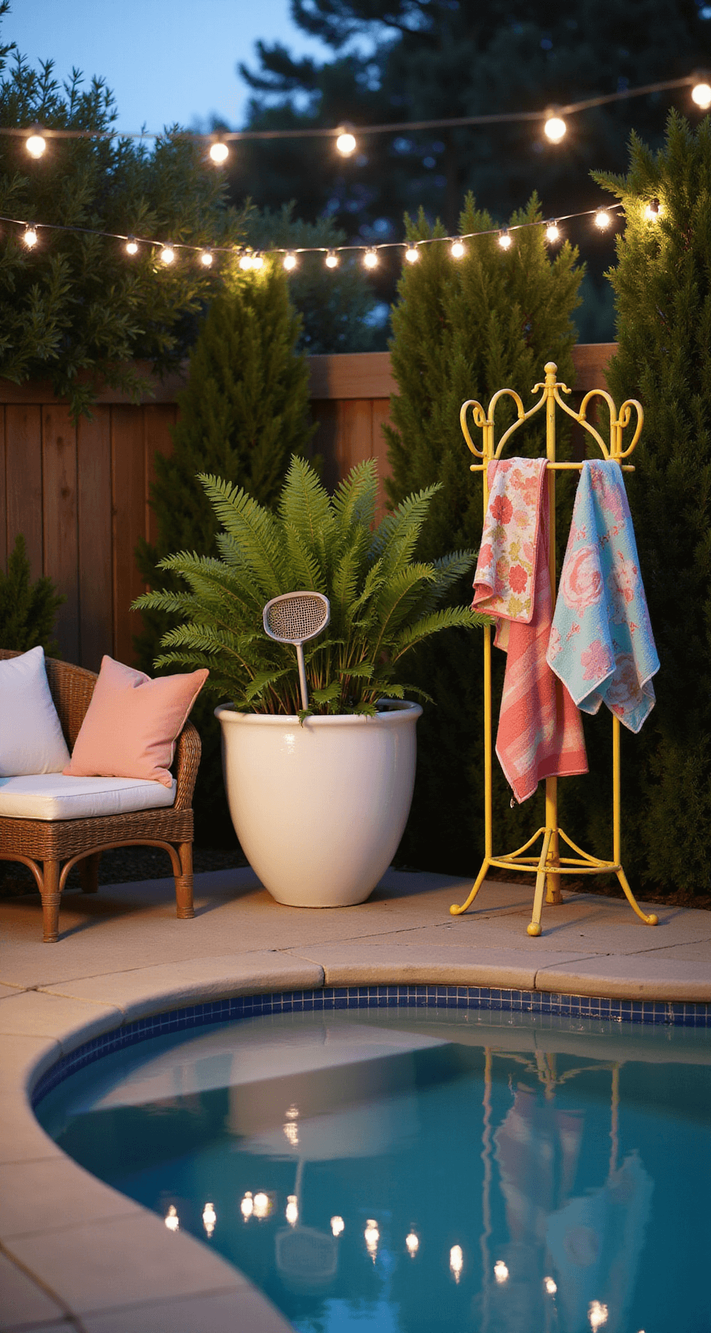 An intimate pool deck at dusk featuring a large white ceramic planter with ferns and pool skimmers, a vintage yellow coat rack holding colorful beach towels, string lights overhead, a rattan lounge chair, and a reflective pool surface, all bathed in warm, low light.