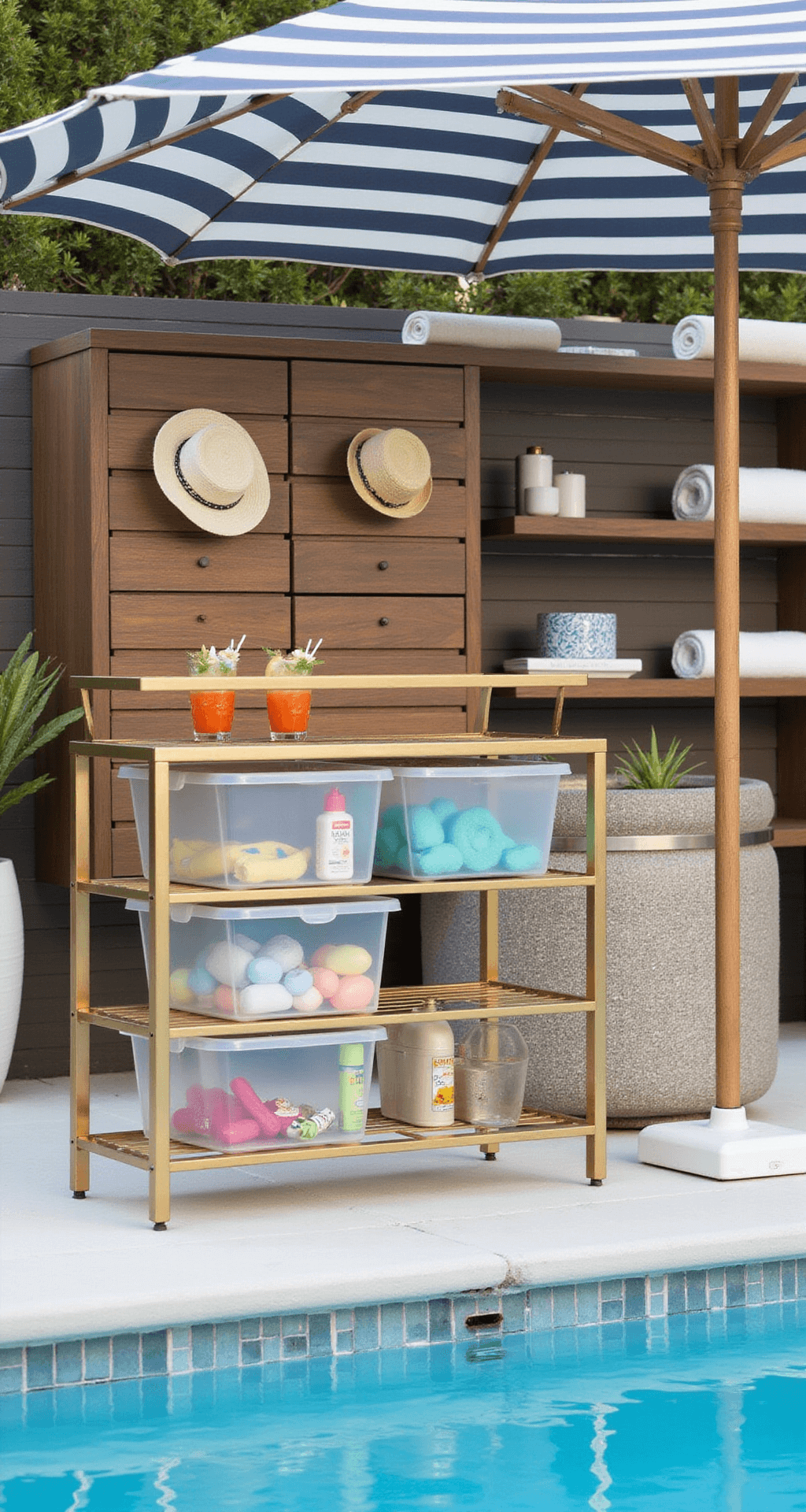 Modern poolside bar cart in brushed gold with colorful cocktails, surrounded by a teak wood shelving unit displaying towels and hats, under a navy and white striped umbrella, with a clear pool in the background.