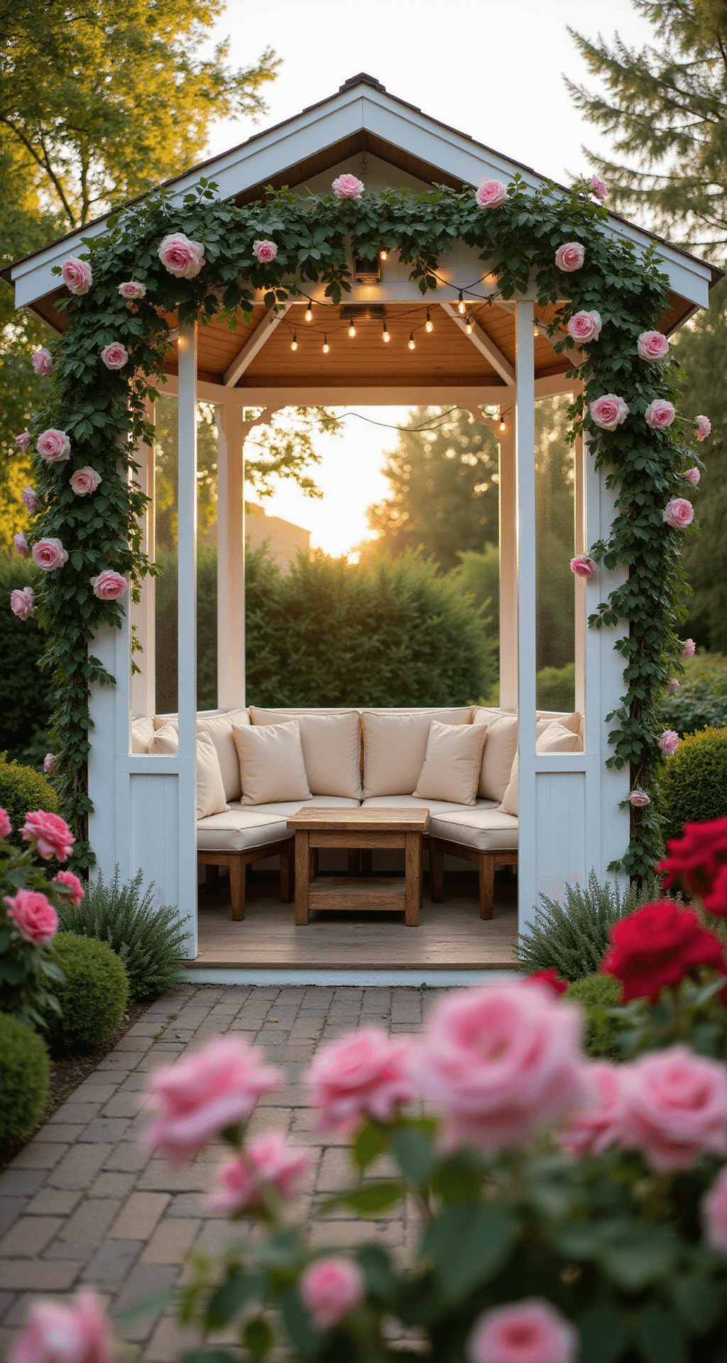 A classic white wooden gazebo adorned with climbing roses, illuminated by golden hour light, featuring a cozy conversation set with cream cushions and a rustic wooden coffee table, surrounded by a lush garden and colorful flower beds, evoking a romantic and serene atmosphere.
