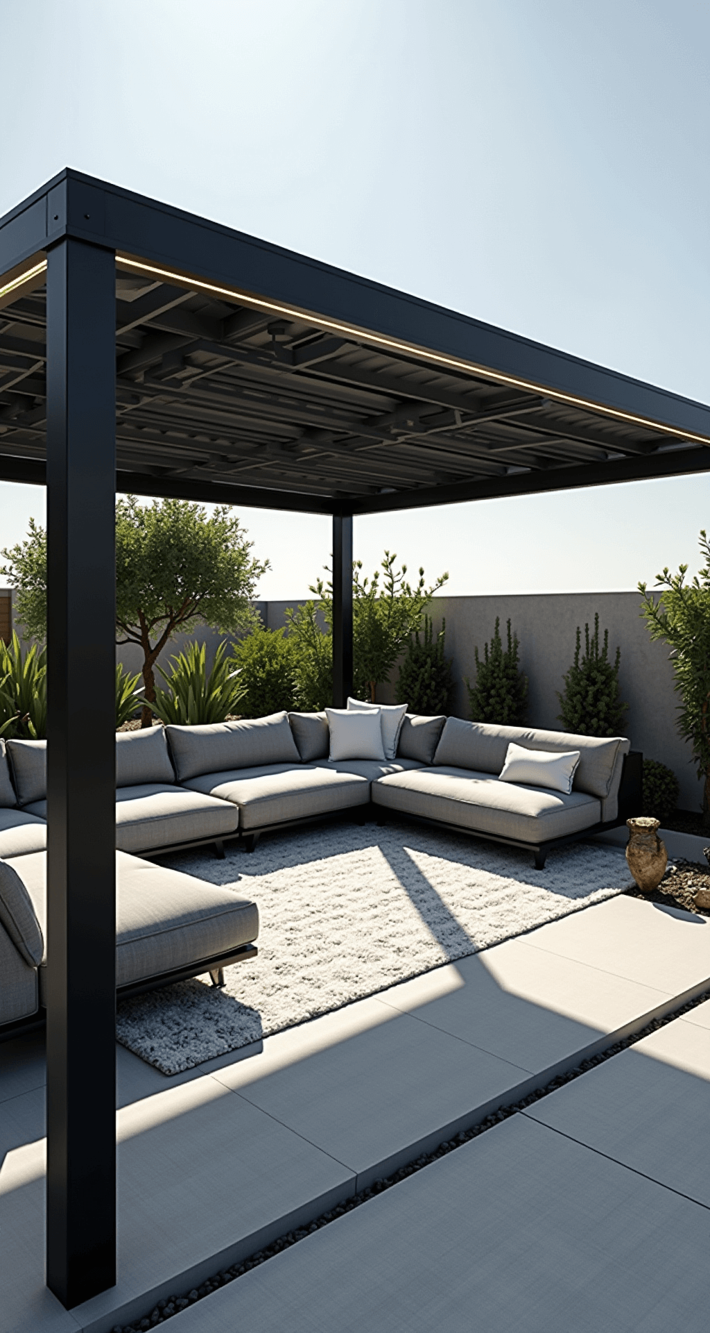 A modern minimalist 12'x12' gazebo with a sleek black metal frame and flat roof, featuring a large L-shaped gray sectional with white throw pillows and a monochrome outdoor rug. The scene is illuminated by mid-afternoon sunlight, casting strong shadows and highlighting the geometric planters and sculptural succulents in the minimalist landscaping. Subtle LED strip lighting is integrated into the gazebo roof edges, enhancing the sophisticated grayscale color scheme with pops of green.
