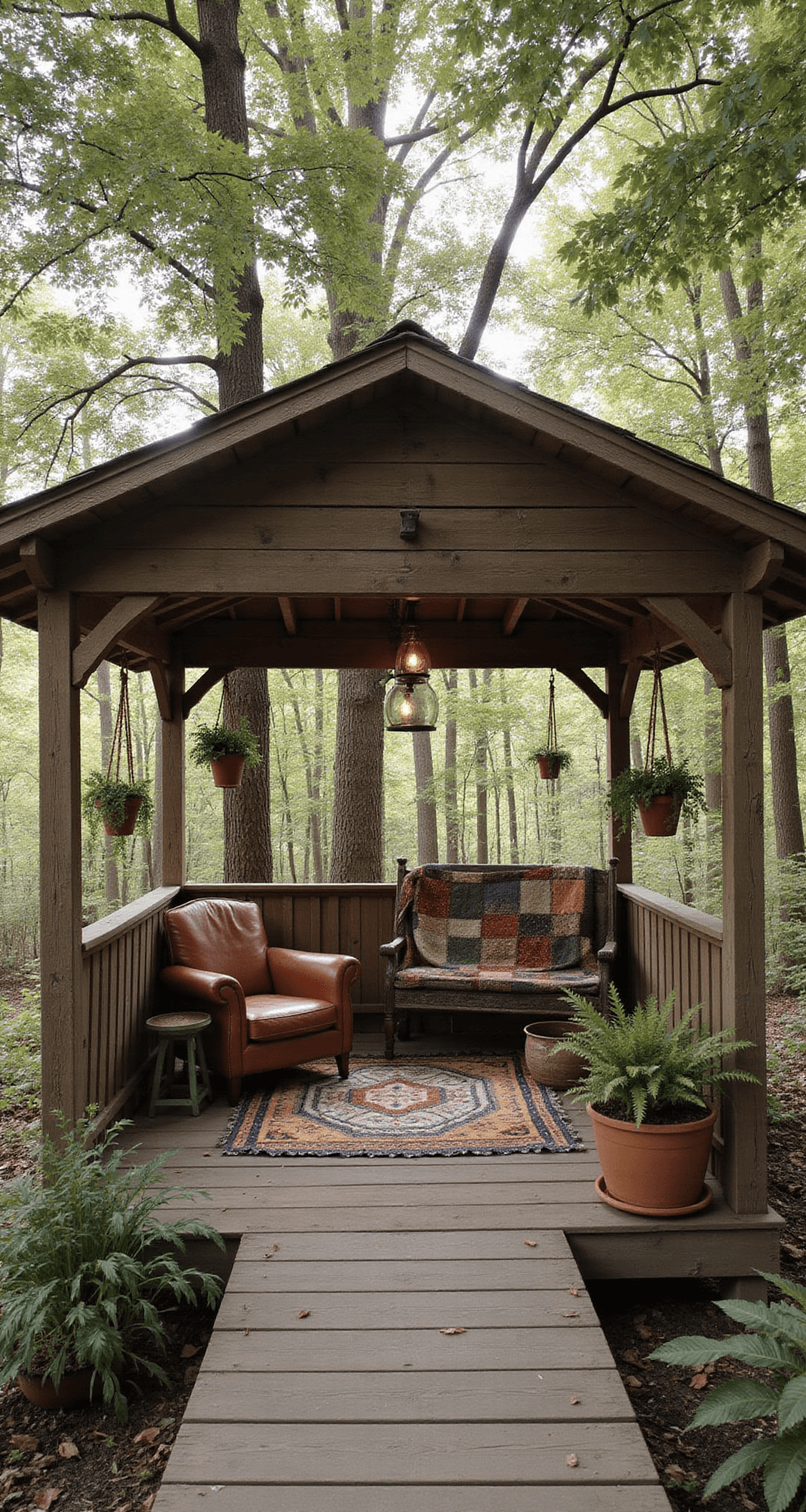 A rustic wooden gazebo with a weathered patina, surrounded by trees, features vintage furniture and cozy decor, seen from above in warm, earthy tones.