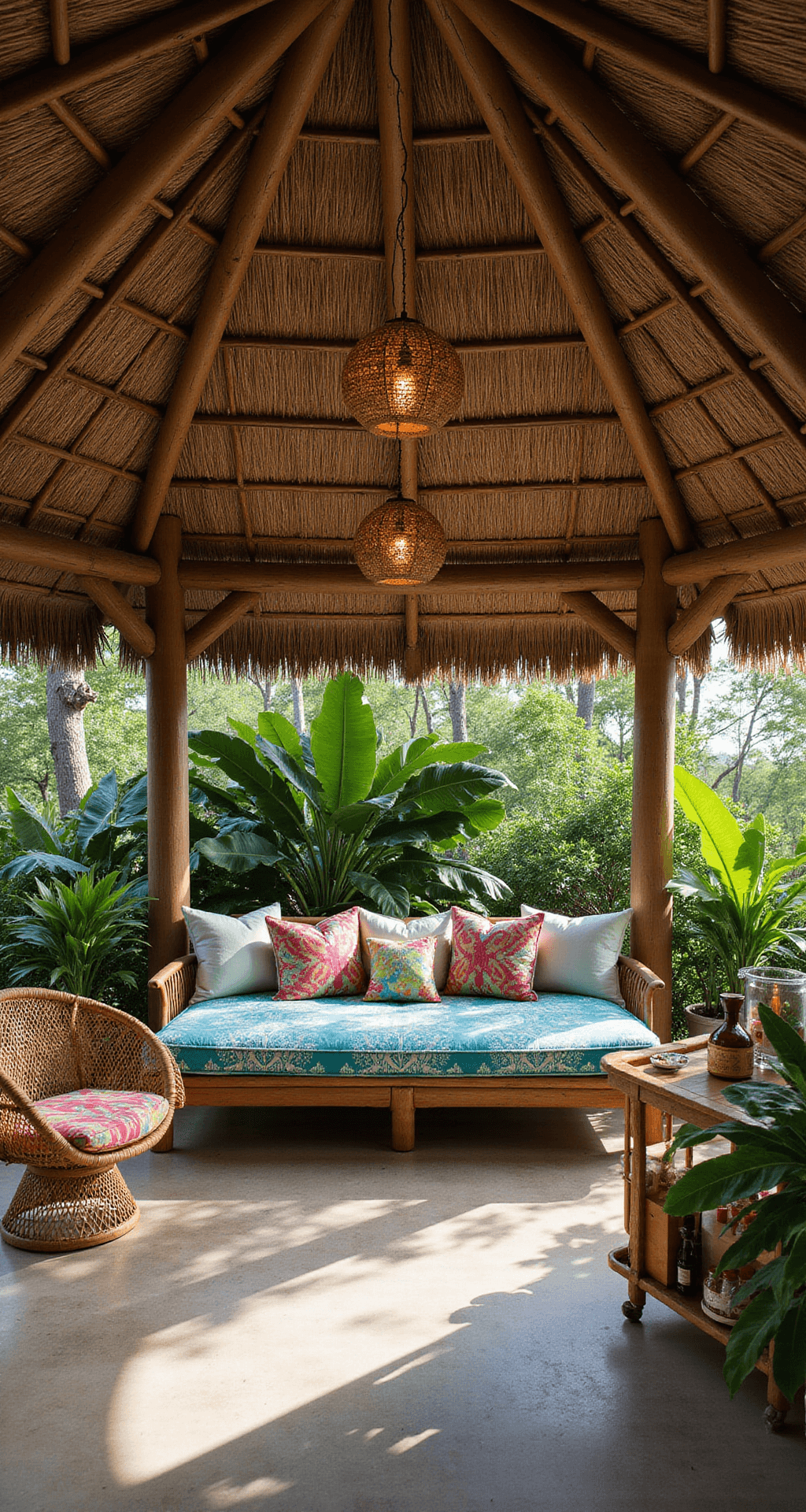 A spacious tropical gazebo with a thatched roof, featuring a colorful daybed and rattan peacock chairs, surrounded by lush plants and a bamboo bar cart, captured from a ground-level angle with warm lighting and long afternoon shadows.