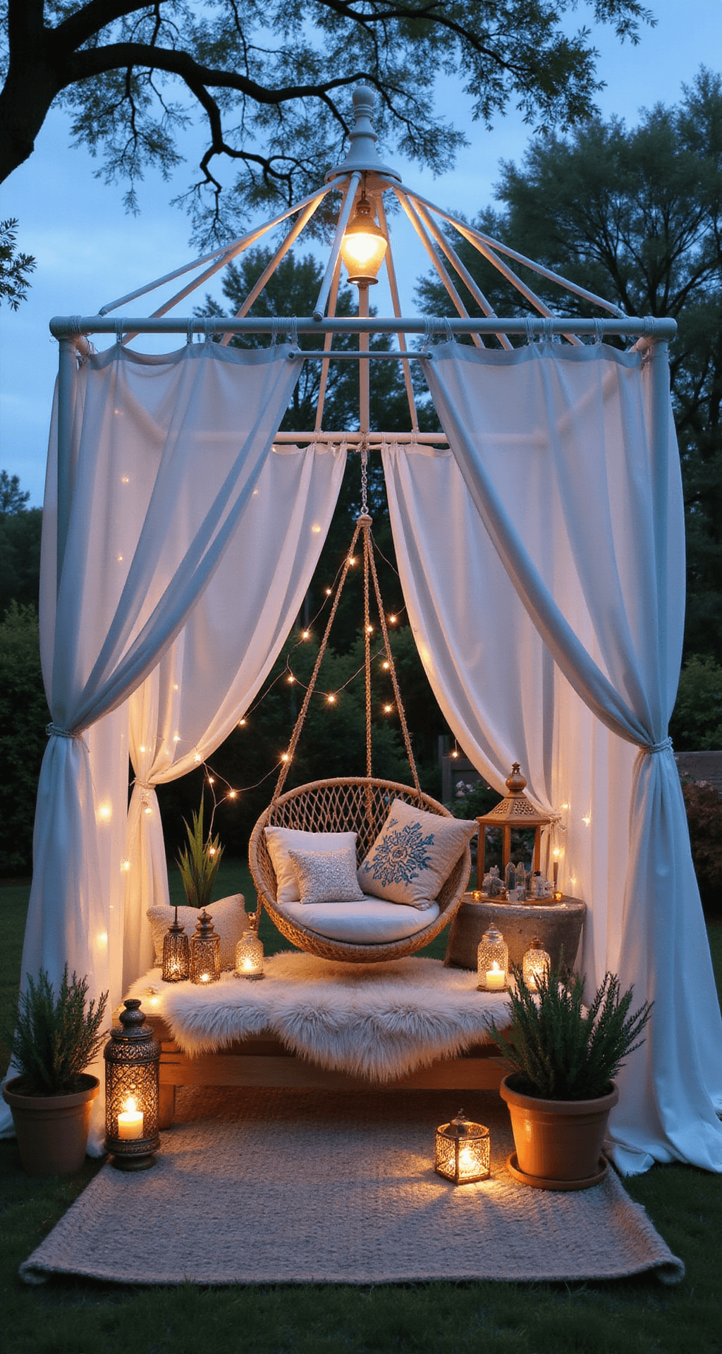 A chic 12'x14' boho-inspired gazebo with a white metal frame, sheer curtains, and a hanging chair filled with pillows and throws, illuminated by twilight and fairy lights, featuring Moroccan lanterns and a low table with crystals and air plants.