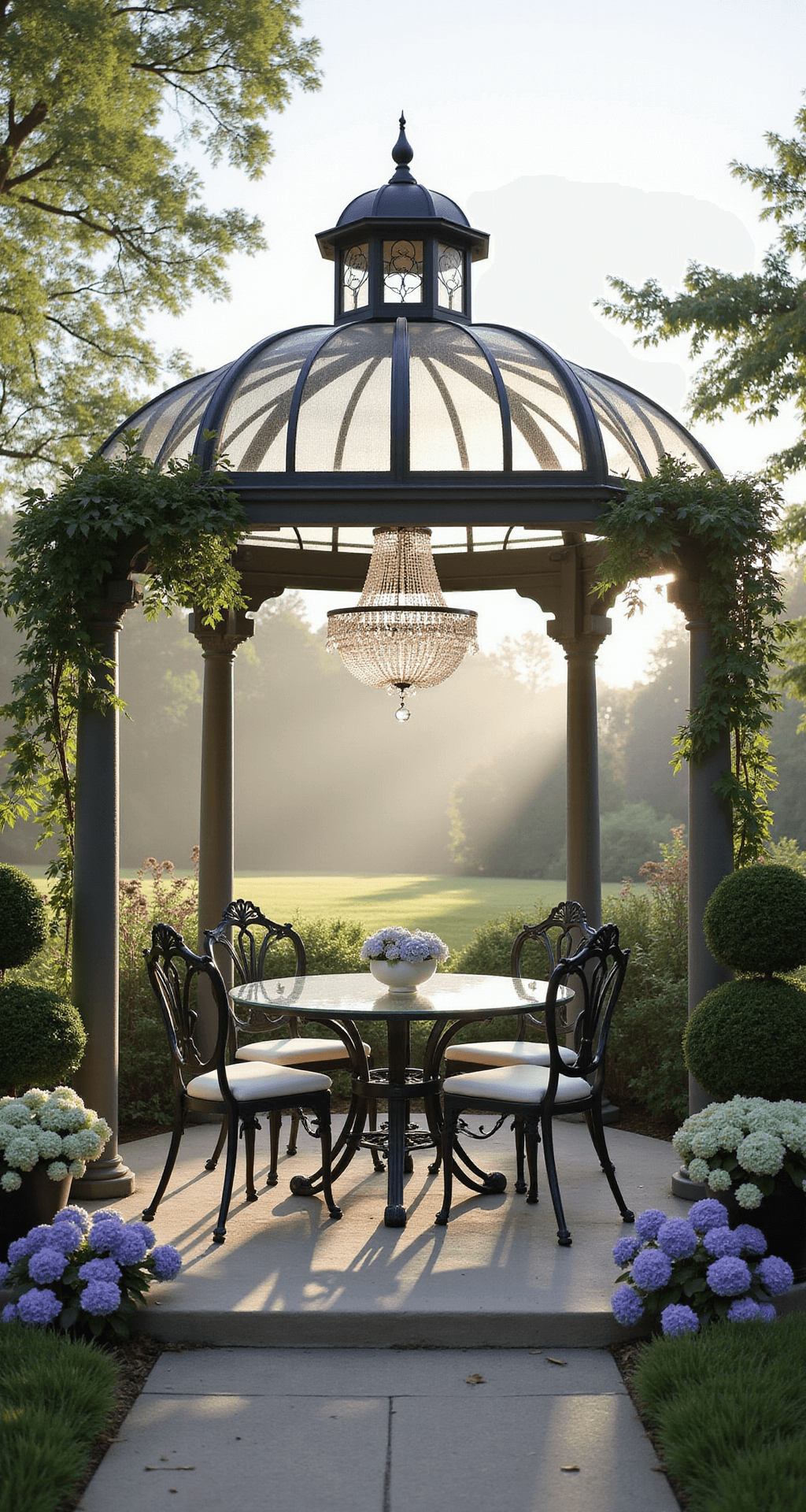 An elegant gazebo with a glass cupola roof in a manicured English garden, featuring a round glass dining table and wrought iron chairs, surrounded by mist, topiaries, and climbing hydrangeas, illuminated by a crystal chandelier.