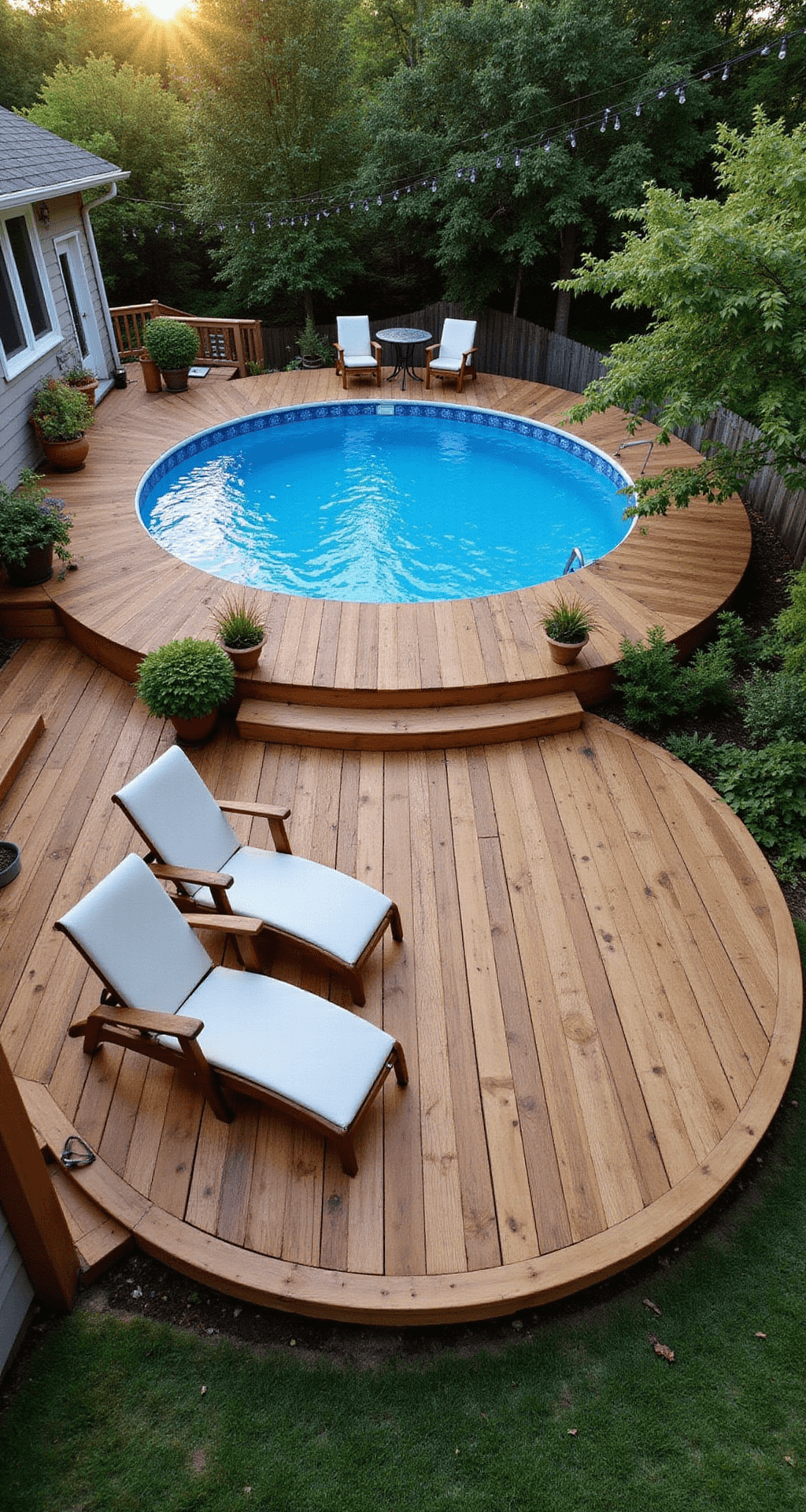 Above Ground Pool Ideas: Inspiration and Practical Tips Aerial view of a spacious backyard featuring a 15ft diameter above-ground pool surrounded by a wraparound wooden deck, four teak lounge chairs, and a small bistro table in warm golden hour light, with lush greenery and potted plants enhancing the scene.