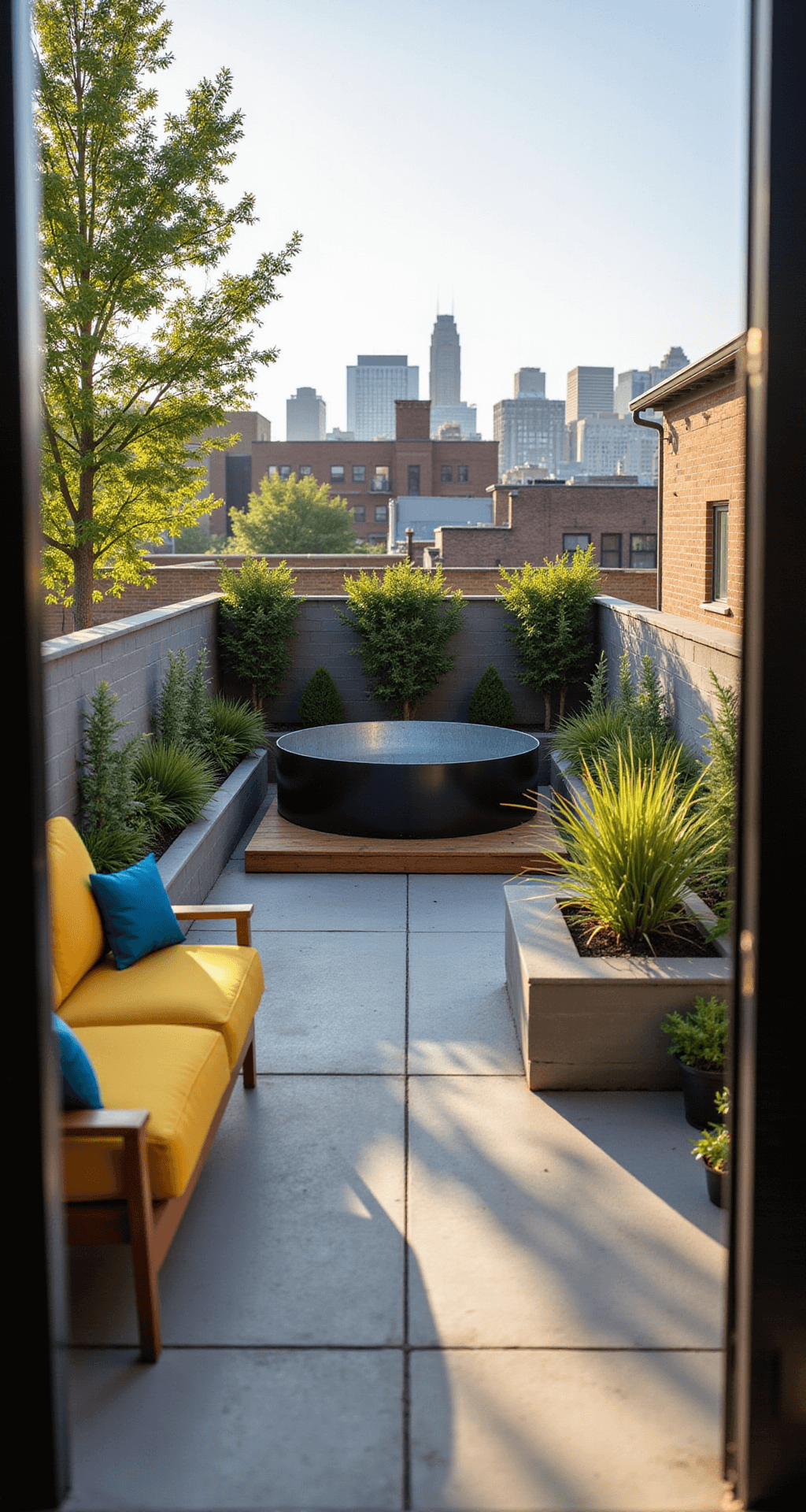 Above Ground Pool Ideas: Inspiration and Practical Tips A cozy urban rooftop terrace featuring a black galvanized steel stock tank pool surrounded by a cedar platform, light gray concrete pavers, and potted succulents. A vibrant yellow outdoor sofa with blue pillows faces the pool, with morning light casting long shadows and a soft-focus city skyline in the background.