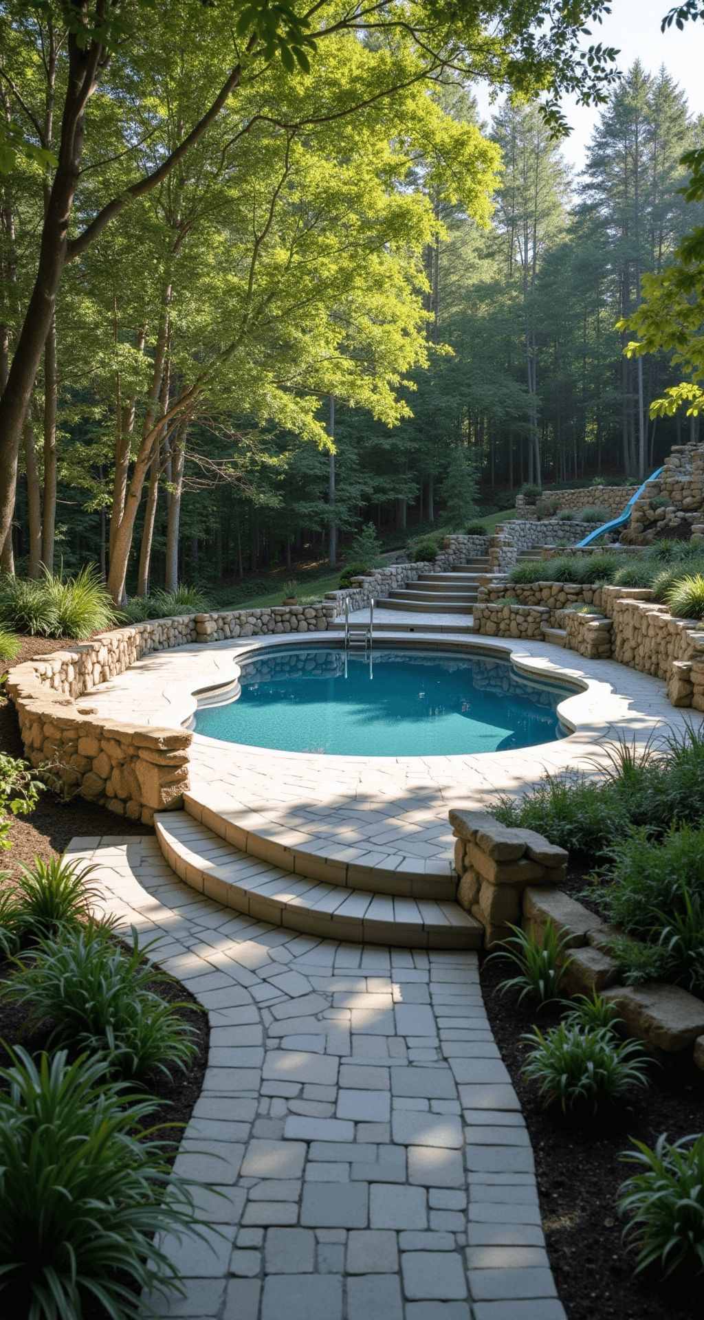 Above Ground Pool Ideas: Inspiration and Practical Tips A serene backyard with a sloping landscape featuring a 16x32ft oval above-ground pool partially integrated into the hillside, surrounded by a multi-level light gray composite deck, natural stone facing, lush ferns, and ornamental grasses, all captured in dappled sunlight with an HDR effect.