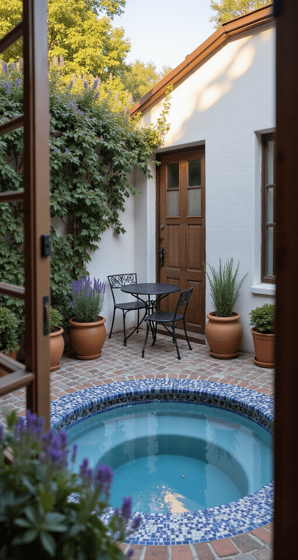 Above Ground Pool Ideas: Inspiration and Practical Tips A Mediterranean-inspired courtyard features a 10ft above-ground pool with blue and white mosaic tiles, surrounded by whitewashed stucco walls draped in bougainvillea. Lavender-filled terracotta pots line one side, while a small wrought iron table and chairs sit on a patterned tile patio. The scene is illuminated by warm late evening light, with a soft focus on a rustic wooden gate.