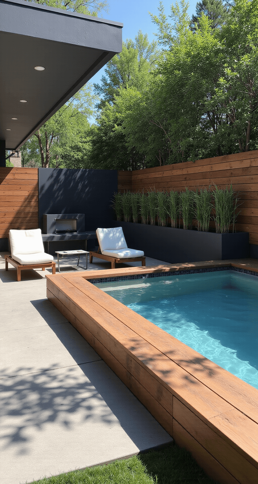 Above Ground Pool Ideas: Inspiration and Practical Tips Modern backyard with a 12x24ft above-ground pool, surrounded by a floating IPE wood deck, horizontal cedar-clad wall, deep charcoal accents, bamboo planters for privacy, minimalist white lounge chairs, and a geometric firepit area, all under bright midday sun casting crisp shadows.