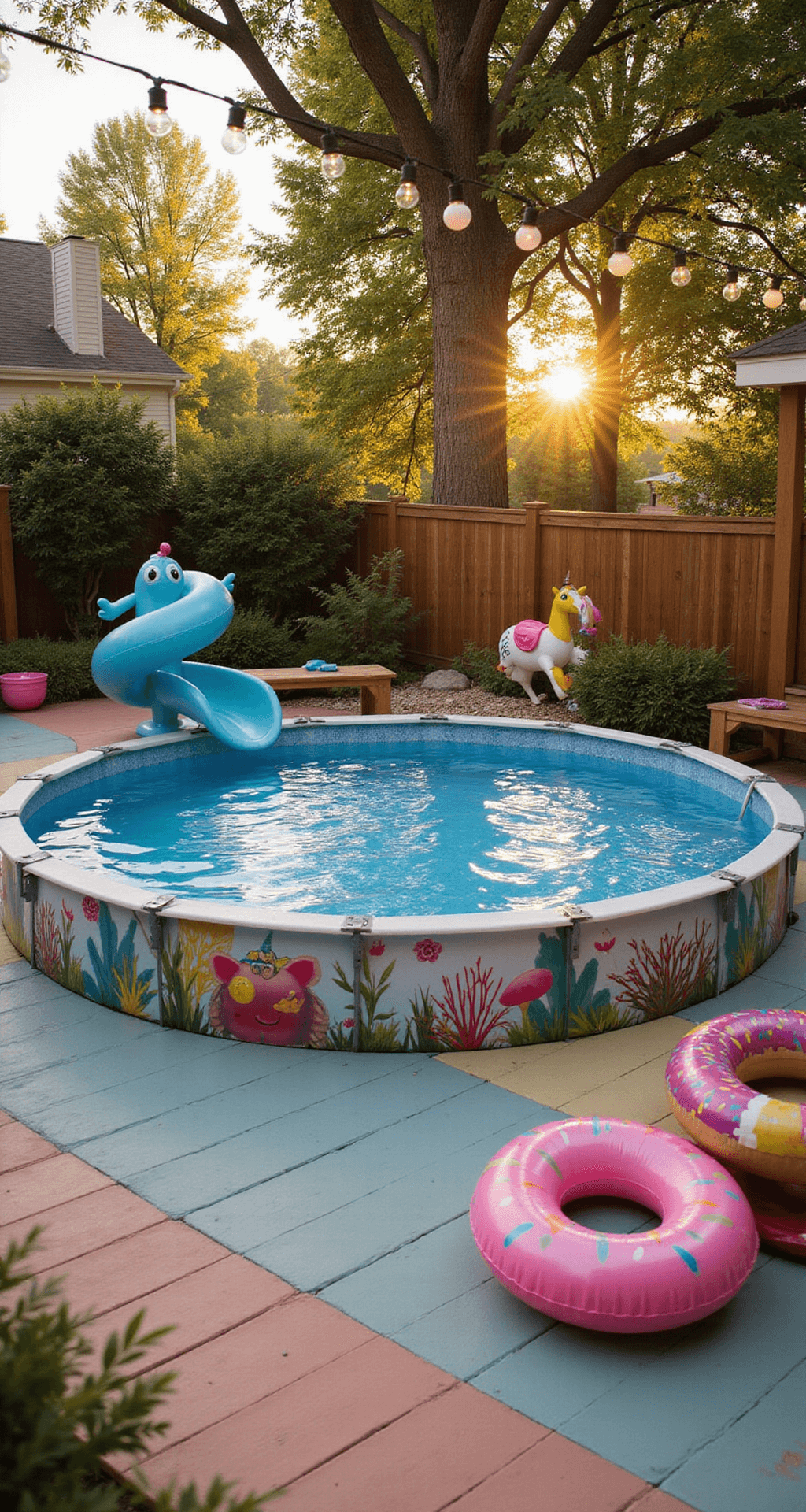 Above Ground Pool Ideas: Inspiration and Practical Tips A whimsical family backyard featuring a 15ft diameter above-ground pool surrounded by a multi-colored composite deck with pastel-painted storage benches, an underwater scene on the pool's exterior, a friendly sea monster waterslide, colorful pool floats, and string lights in golden late afternoon light, captured from a child's eye level for a dreamy atmosphere.