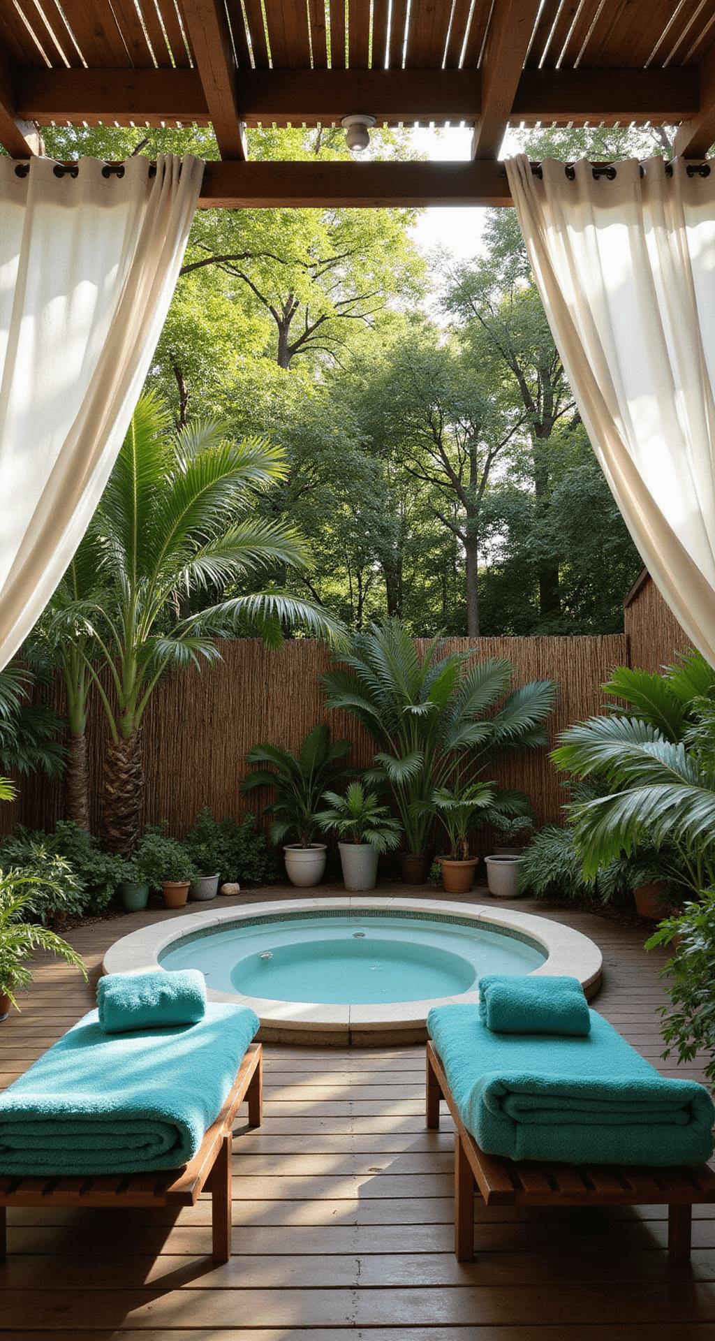 A tranquil hot tub oasis in a backyard corner, featuring a circular hot tub surrounded by a curved wooden deck, potted palms, and a slatted cedar pergola draped in sheer white curtains, with sunlight filtering through a bamboo screen, creating a serene atmosphere of rich greens and warm woods.