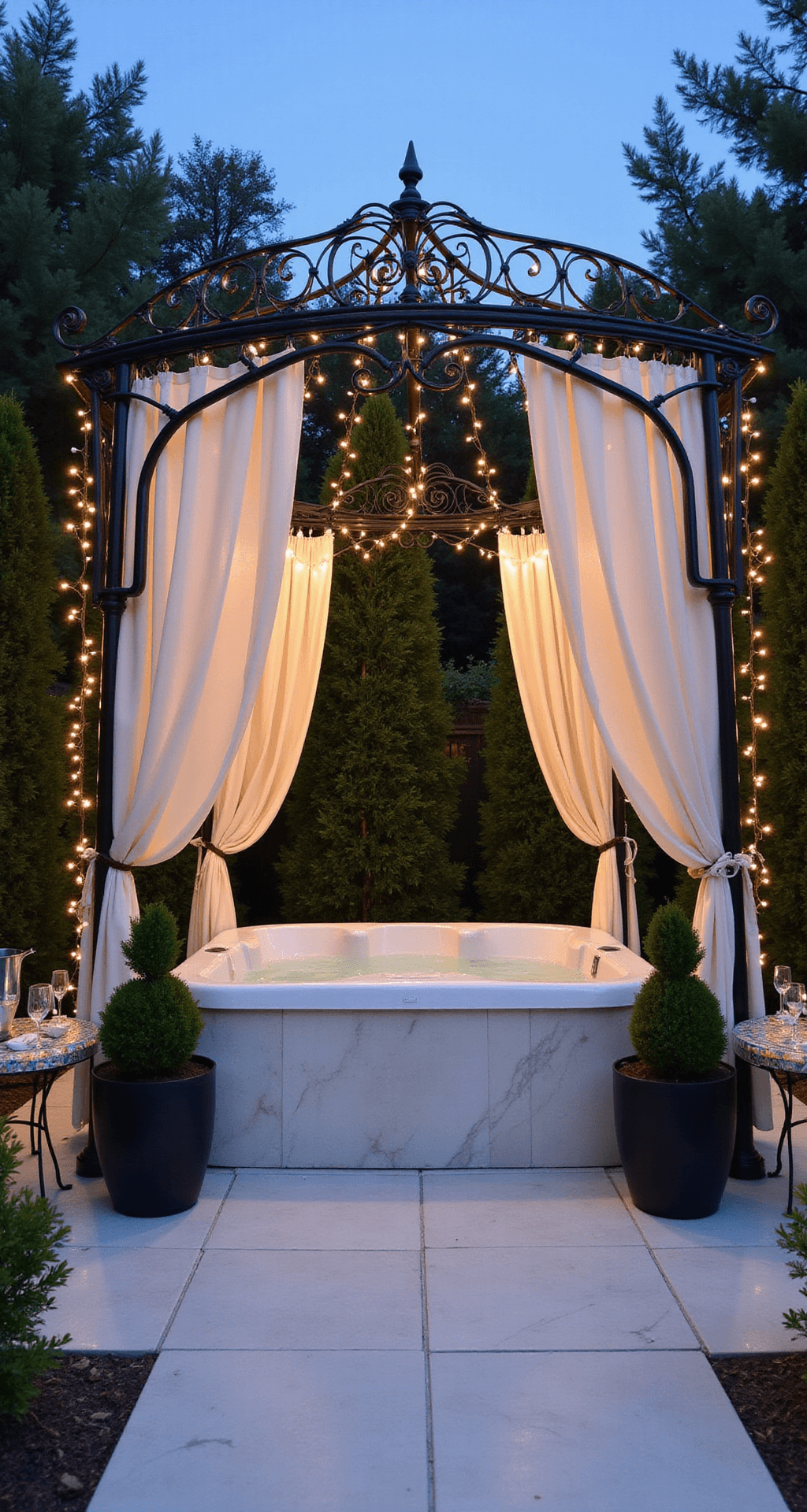 Elegant covered patio with a hot tub, illuminated by twilight through a wrought iron gazebo entwined with fairy lights. Surrounded by marble tiles, potted topiaries, and sheer ivory curtains, the space features a mosaic side table with champagne flutes, all in a monochromatic color scheme of white, cream, and silver.