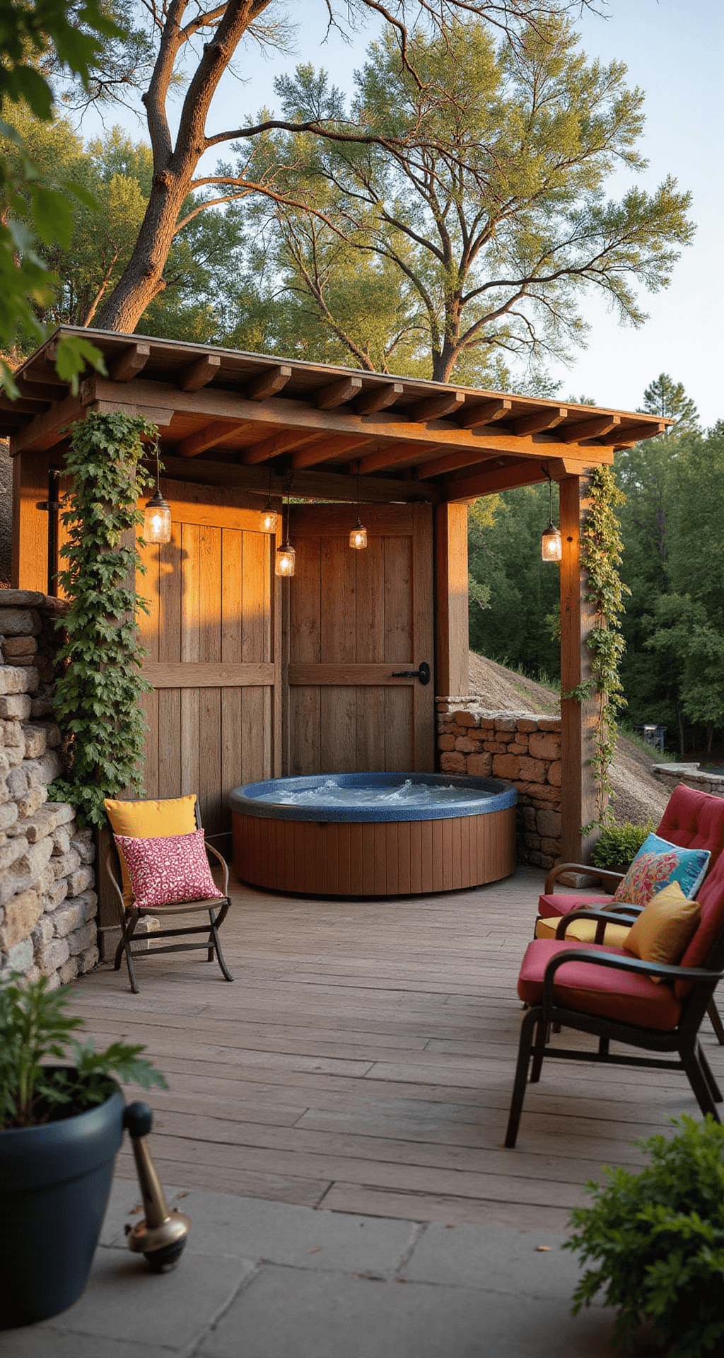 A cozy 10x12 ft hot tub deck on a sloping hillside, featuring a repurposed barn door privacy screen, a round hot tub by a dry-stacked stone wall with cascading vines, mason jar lanterns hanging from a wooden pergola, and mismatched vintage chairs with colorful cushions, all bathed in warm golden hour light.