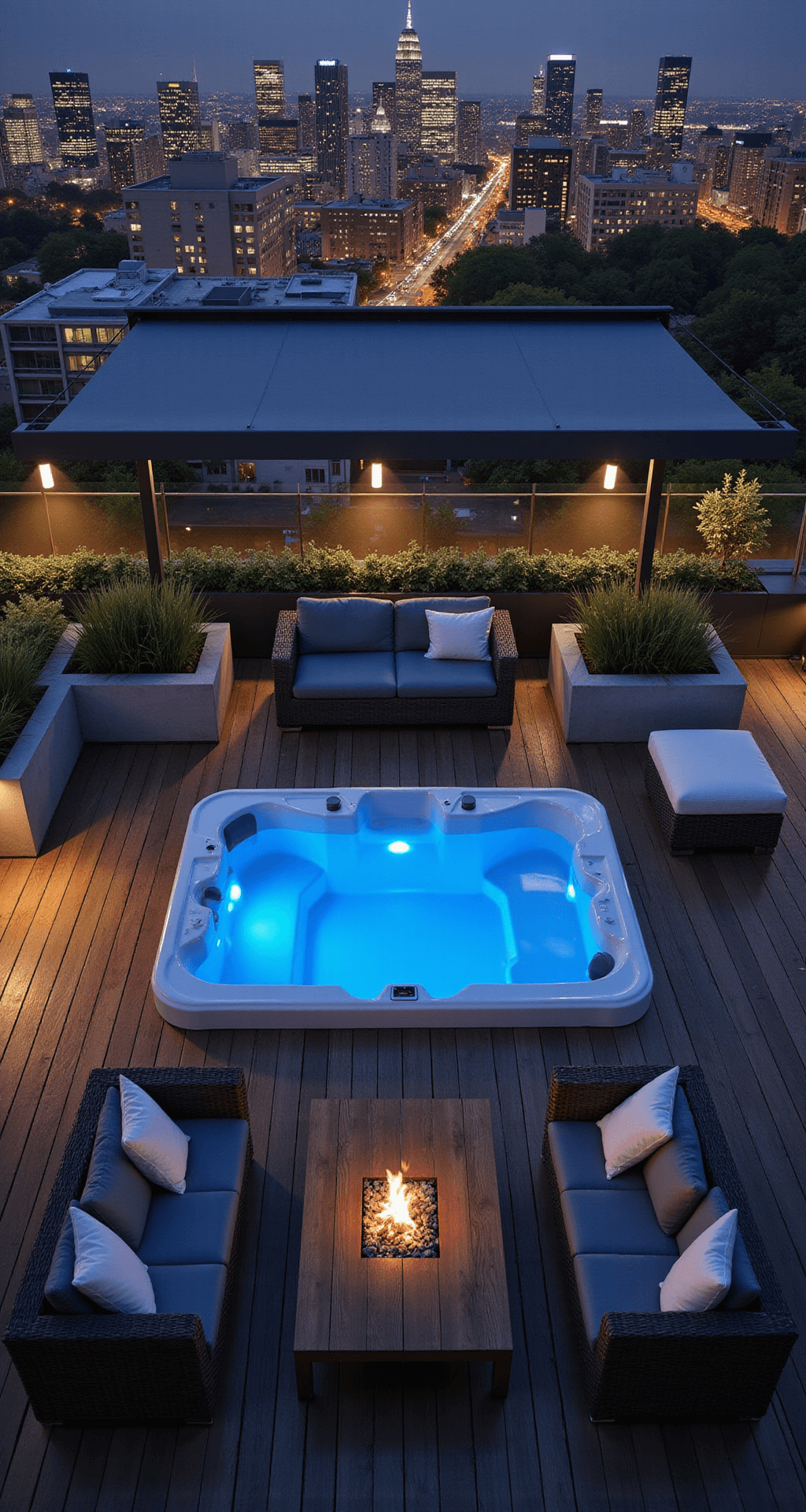 Aerial view of a modern rooftop hot tub lounge featuring a sleek rectangular hot tub, ipe wood deck, minimalist concrete planters, and charcoal gray outdoor sofas, illuminated by low-profile LED lighting against a backdrop of twinkling city lights and a starry sky.