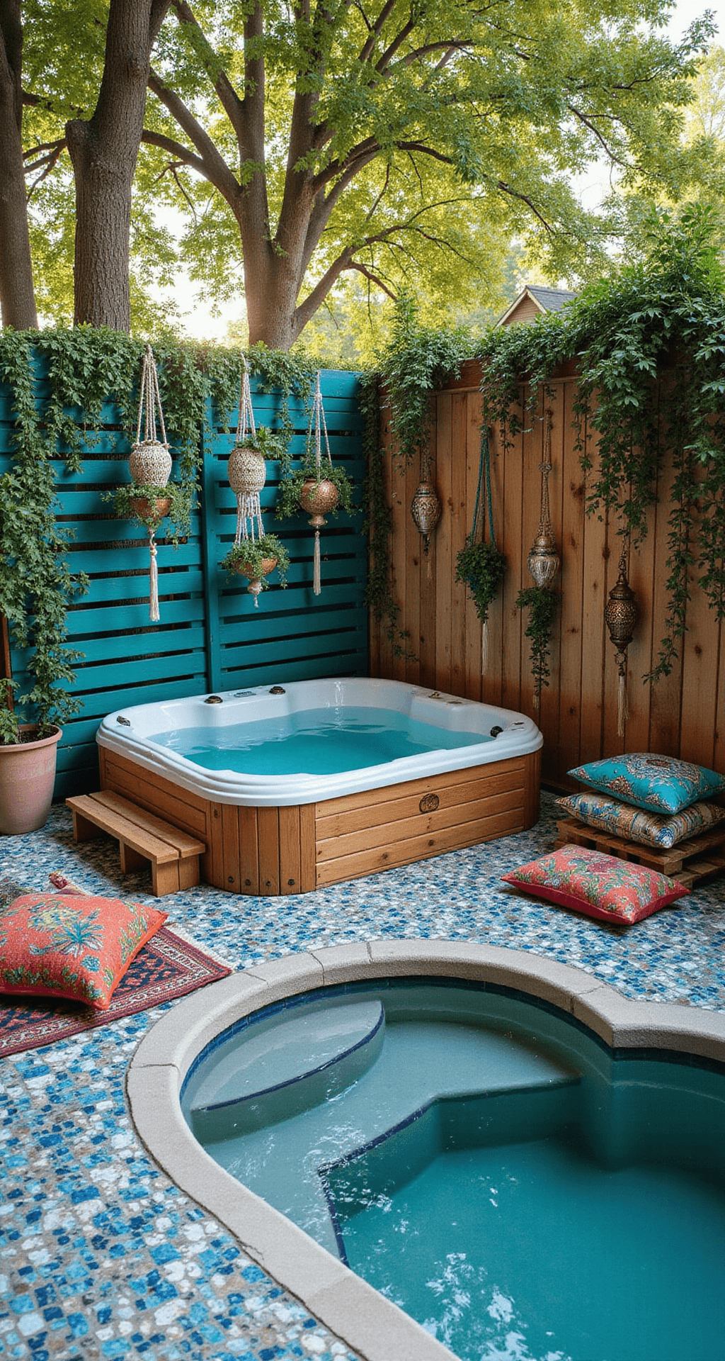 A vibrant, bohemian poolside hot tub retreat featuring an oval hot tub surrounded by a swirling blue and green mosaic tile patio. A colorful teal pallet wall serves as a backdrop, adorned with macramé plant hangers and succulents. Moroccan lanterns cast shadows, while layered kilim rugs and patterned floor cushions create a cozy lounging area, all bathed in soft morning light filtering through old-growth trees.