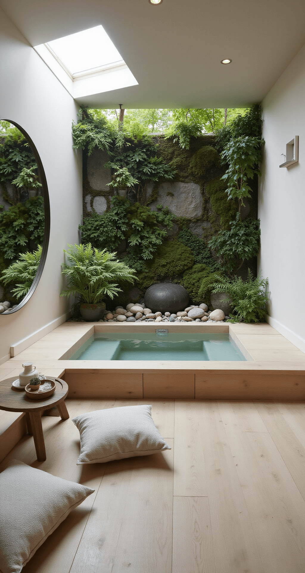 Zen-inspired indoor hot tub room with frosted skylights, a sunken square hot tub, surrounded by river stones and a living wall of ferns. Low teak benches and linen cushions offer seating, while a large circular mirror reflects the serene space. The muted color palette features soft whites, pale woods, and greens, captured in a wide-angle shot emphasizing calm symmetry.