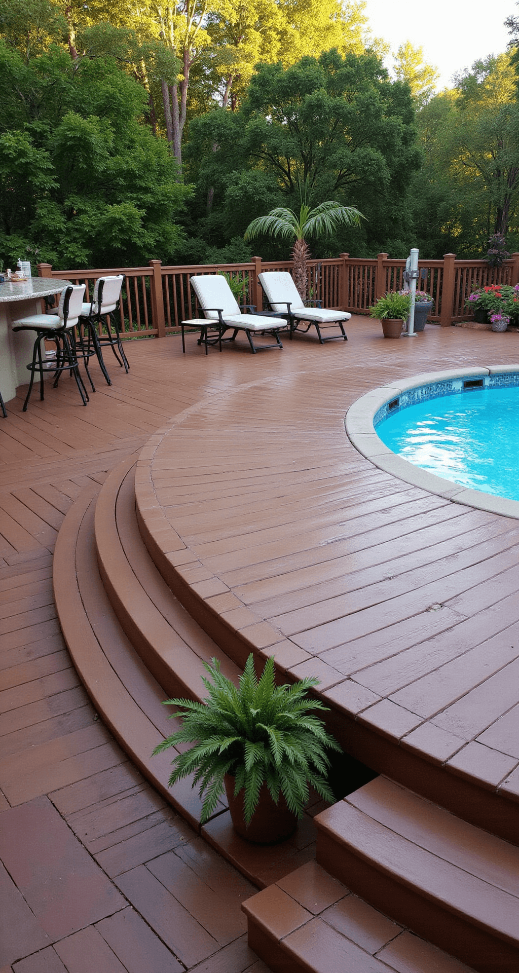 A spacious mahogany-toned deck surrounds a 24-foot round above-ground pool, illuminated by late afternoon sunlight, featuring lounge chairs, potted palms, colorful flowerbeds, and a built-in bar, captured from an elevated angle.